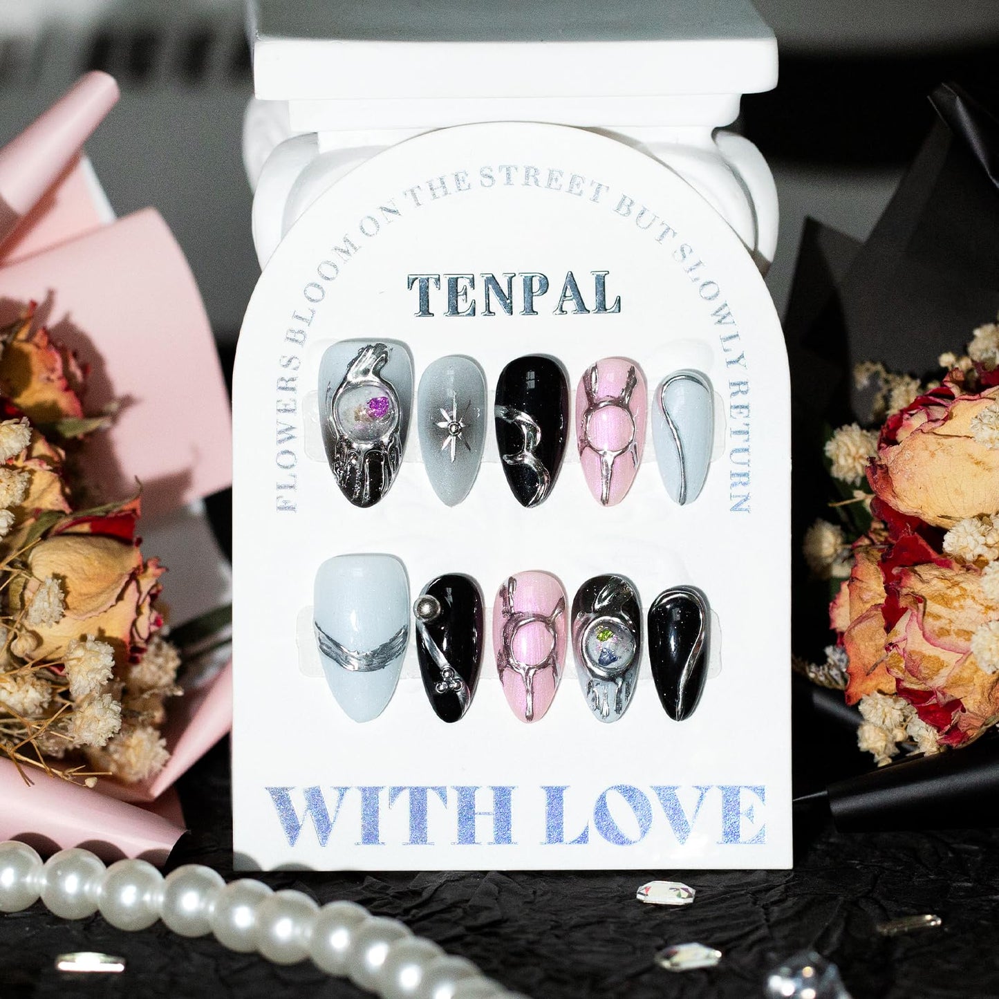 TENPAL Handmade Press On Nails Medium Almond,Acylic Soft Gel Metallic Chrome Silver Finished Aurora Sweet Cool Y2k False Nails Press Ons for Women 10pcs(XS)
