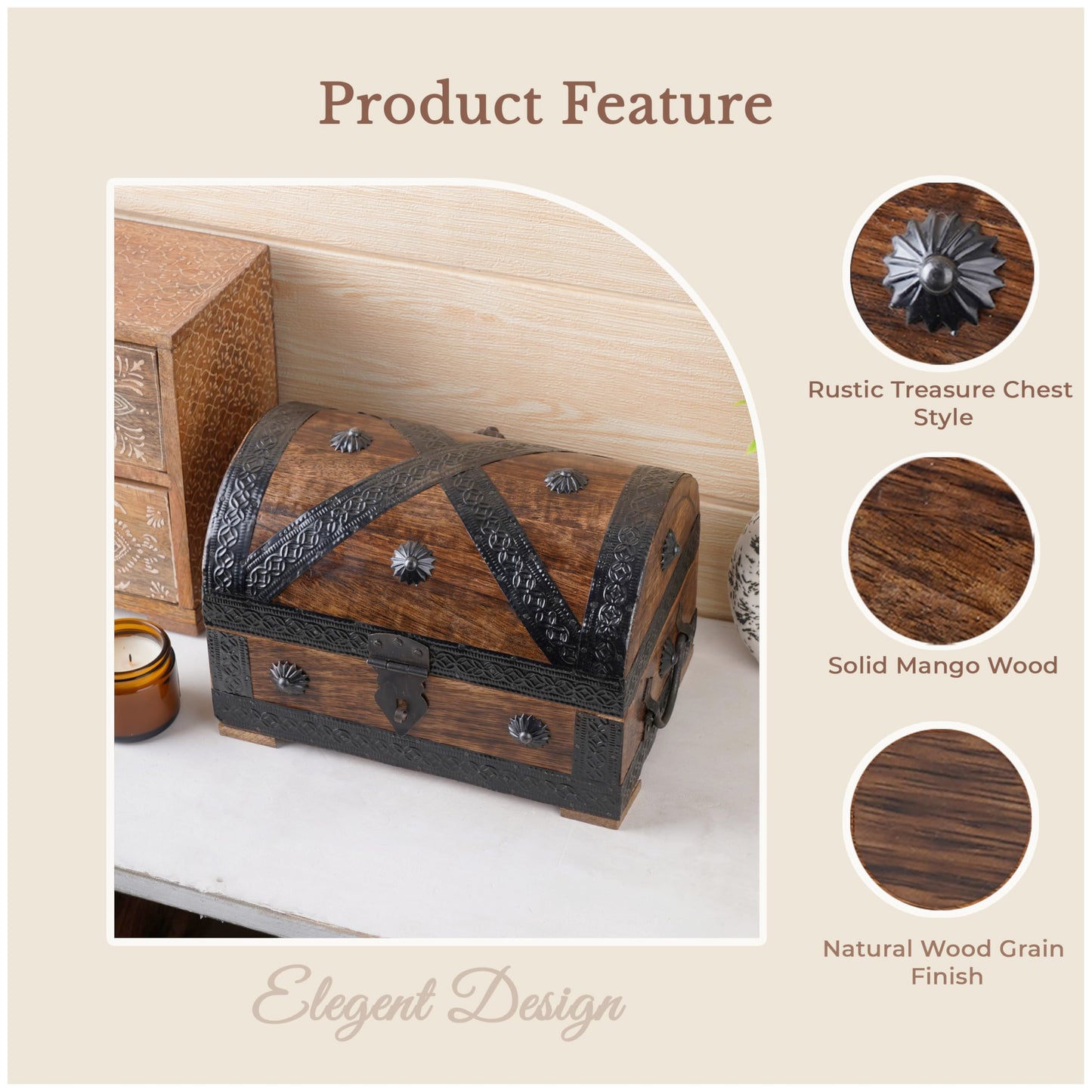 Ajuny Wooden Pirate Treasure Chest Jewelry Box – Handcrafted Vintage Keepsake Organizer with Shell Strips, Perfect for Necklaces, Earrings, and Trinkets, 9x6 Inch Gift Box
