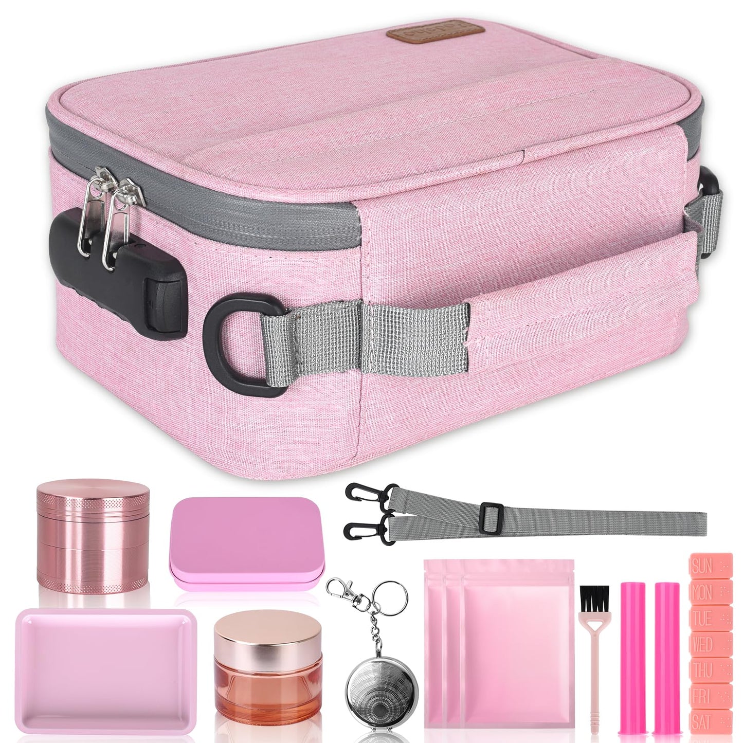 PODAHO Travel Cosmetic Carrier Bag with 10 Accessories, Multi-Use Storage Box Case with Combination Lock, Portable Food Containers Pouch, Great Gift for Women, (Pink Set)