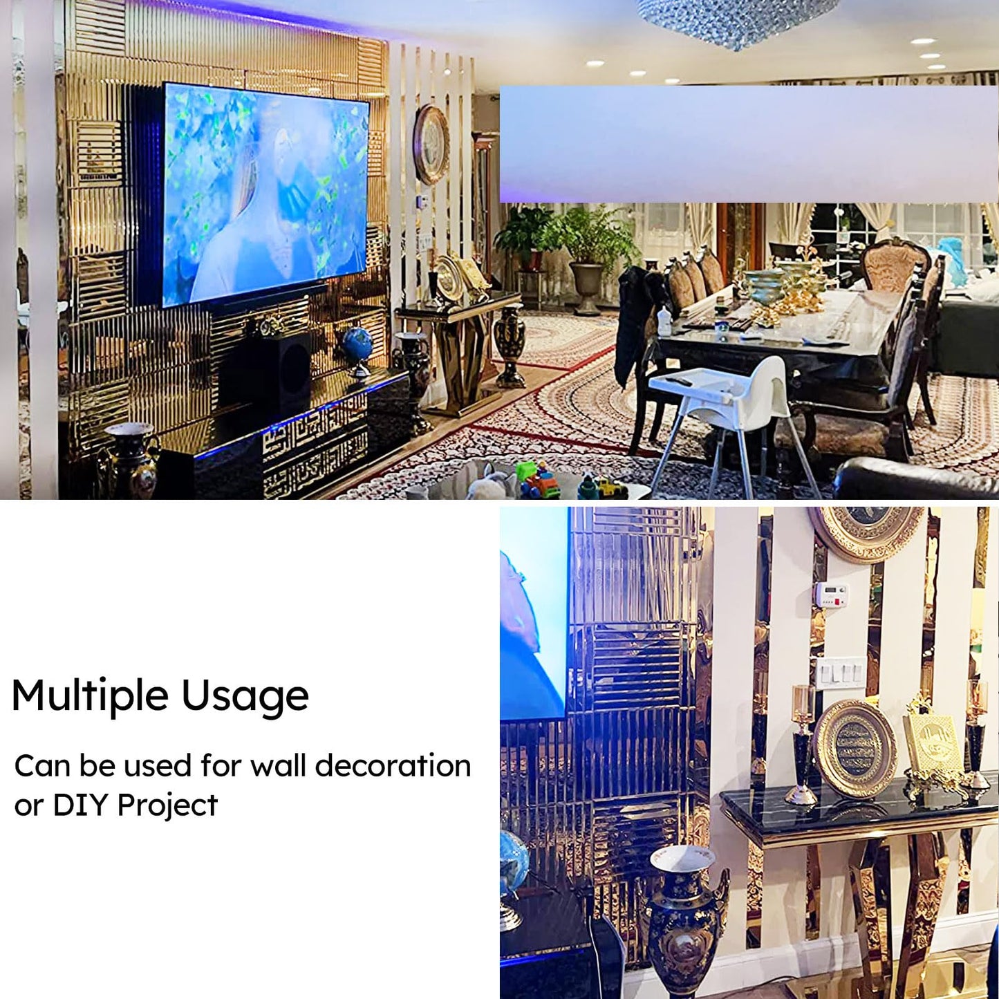 Diflart Beveled Mirror Backsplash Tiles for Kitchen, Gold Strip, 12x12 Inch, Mirror TIile for Bathroom Accent Wall, Pack of 5 Sq.ft