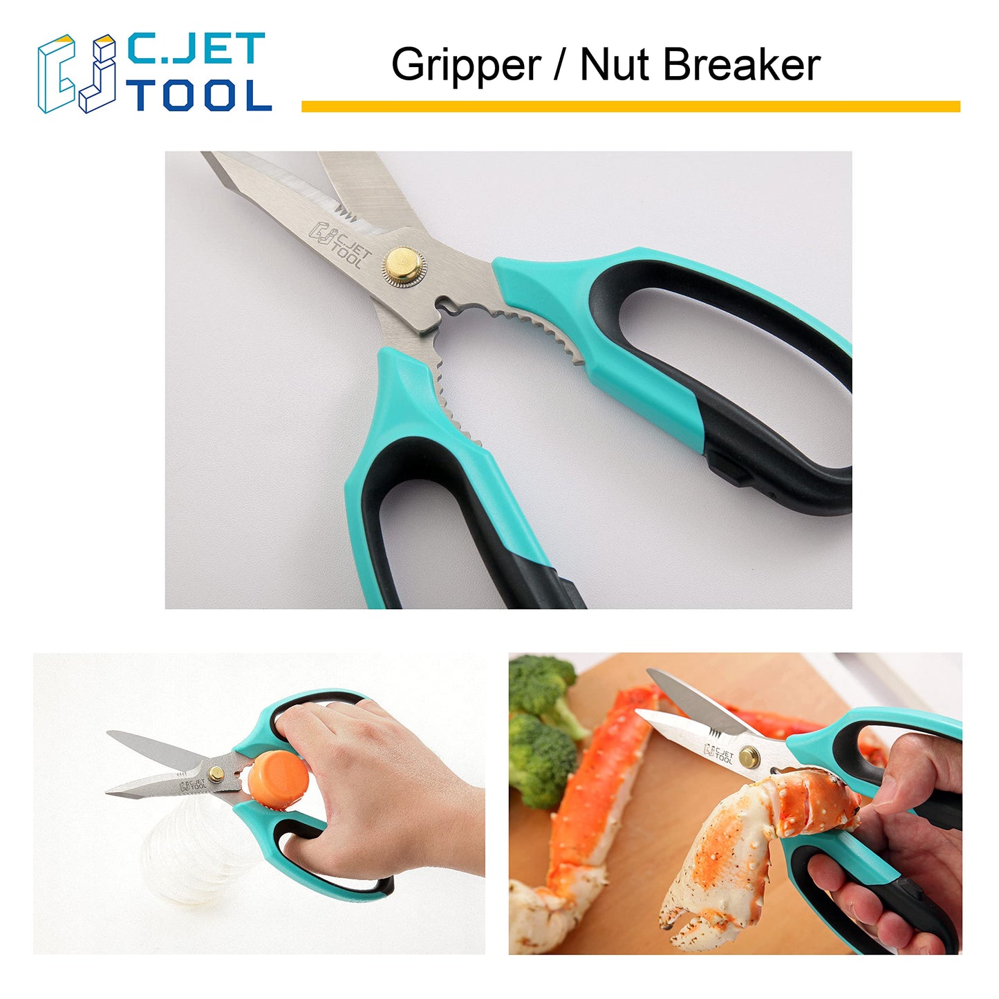 C.JET TOOL 8" Heavy Duty Scissors, Utility Scissors All Purpose for Cardboard, Plastic, Carpet, Rope, Leather. Sharp Stainless Steel Blades, Non‑Slip Handle, Kitchen Shears for Food, Meat & Poultry