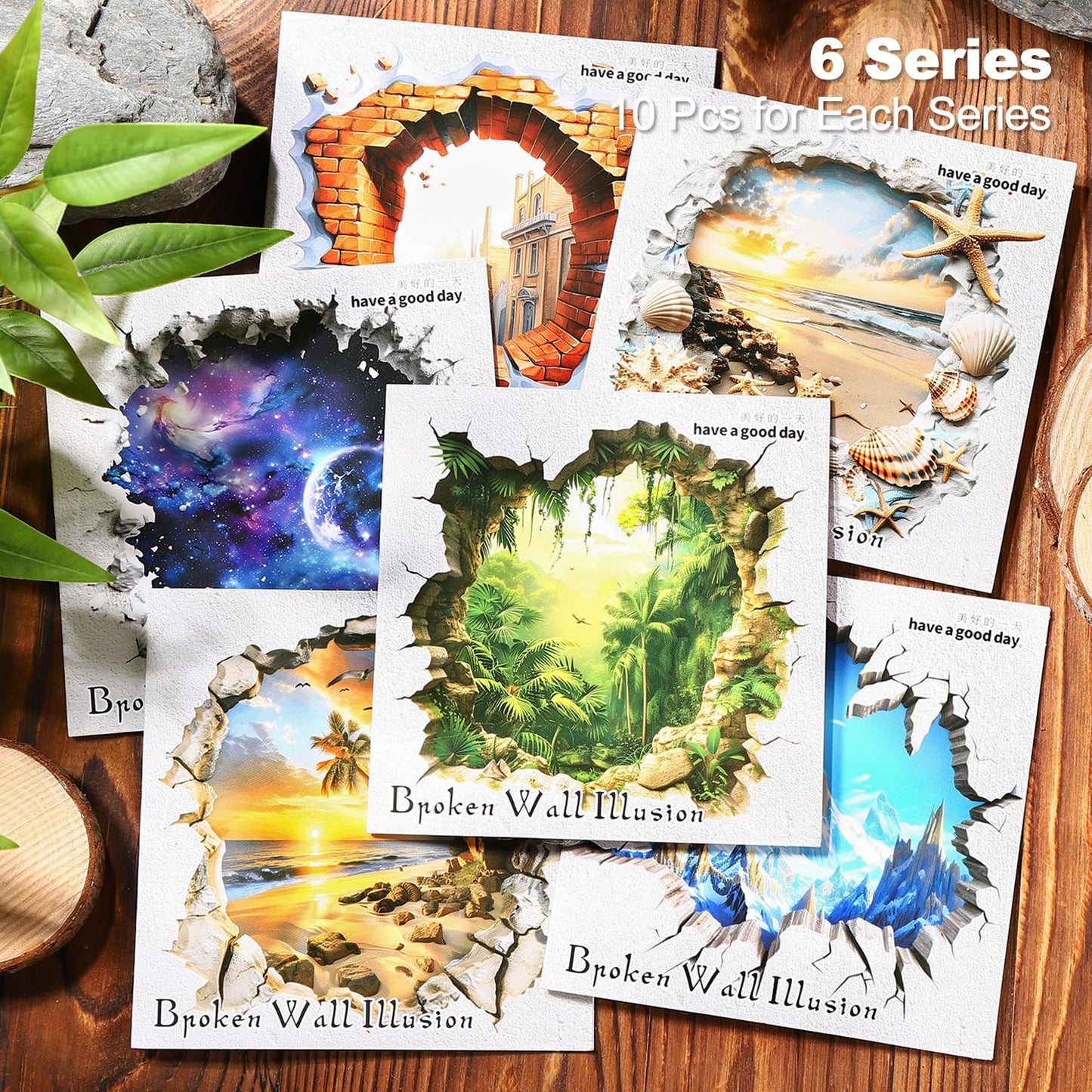 MiyouLuna 60Pcs Broken Wall Illusion Scrapbook Stickers, PET Fantasy Ephemera for Journaling, Craft Supplies and Junk Journal