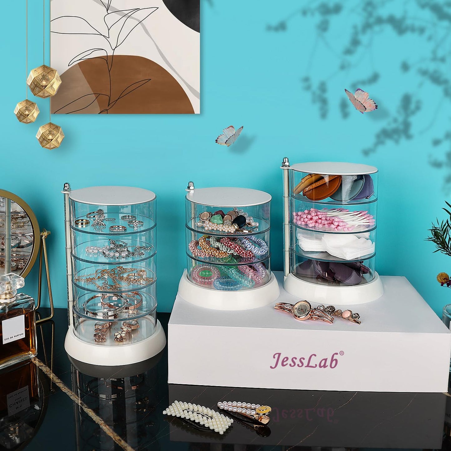 JessLab Hair Accessories Organizer, Clear 5-Layer Acrylic Organizer for Girl Hair Tie, Classify Storage by Layer Box for Hair Accessories & Bracelets Rings Bangles
