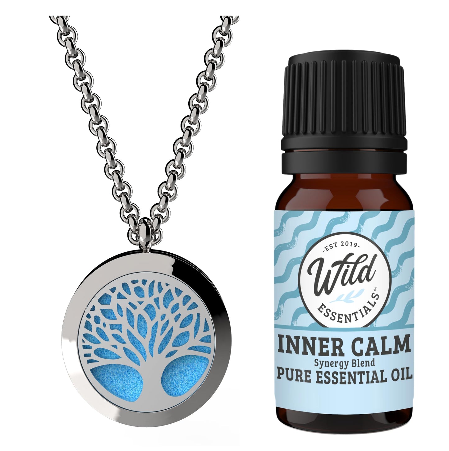 Wild Essentials Tree of Life Essential Oil Diffuser Necklace Gift Set - Includes Aromatherapy Pendant, 24" Stainless Steel Chain, Refill Pads and 10 ml Bottle of Inner Calm 100% Essential Oil