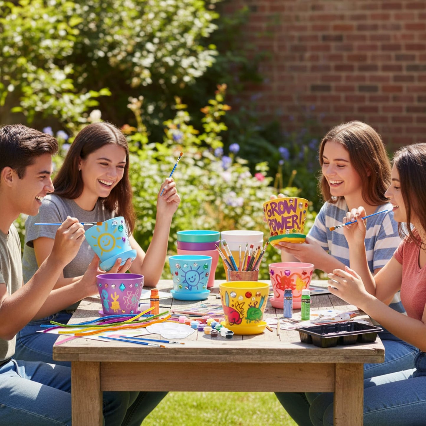 Ferrochef 24 Set Garden Plastic Paintable Flower Pot Craft Kit 4" Starter Pots DIY Painting Party Supplies Acrylic Paint Strips Gardening Kit for Planting Crafts Birthday Spring Gift (Round)