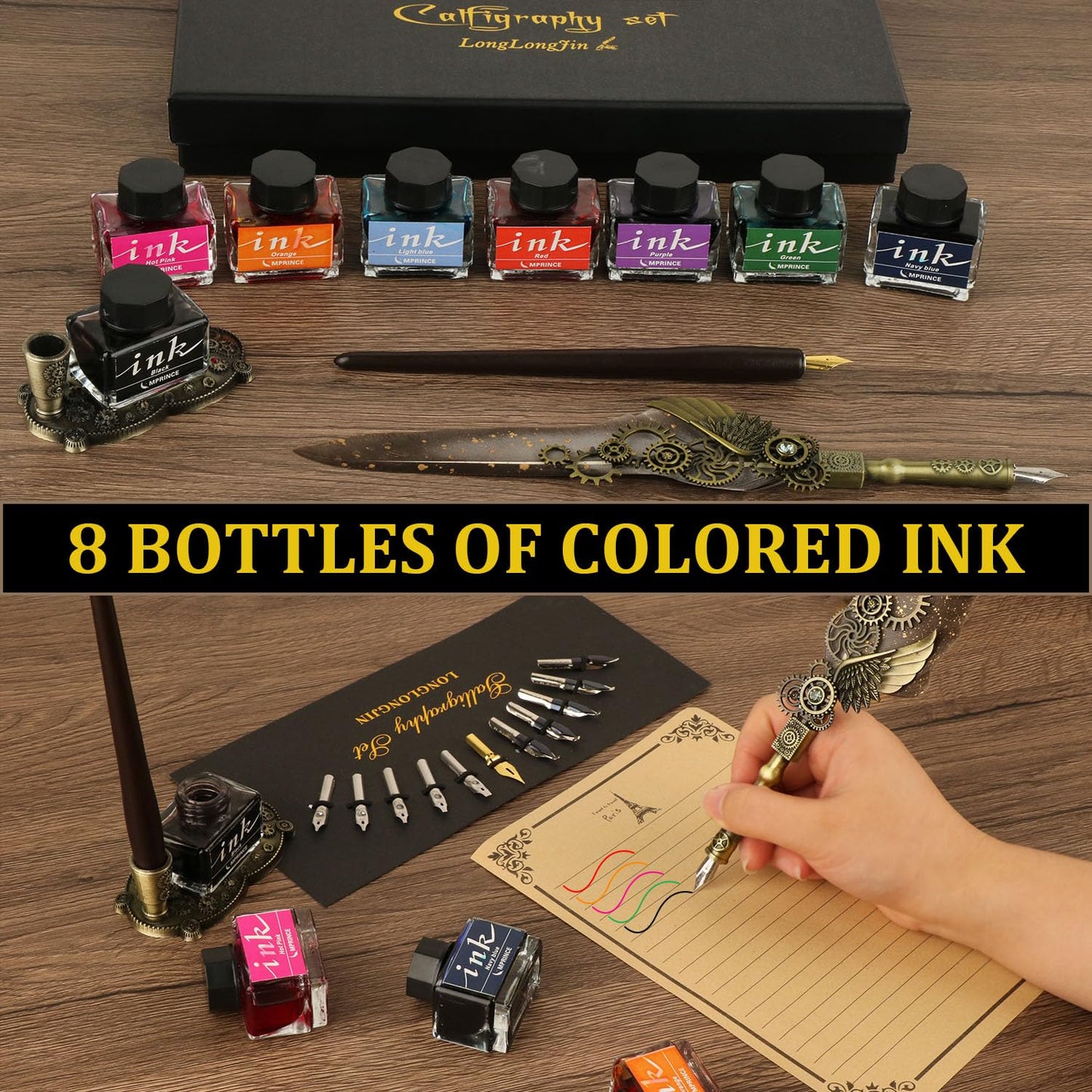 LongLongJin Calligraphy Pens and Ink Set - Calligraphy Kits for Beginners,Quill Pen Includes Dip Pen,8*Colors Ink,11*Calligraphy Pen Nibs（Grey）