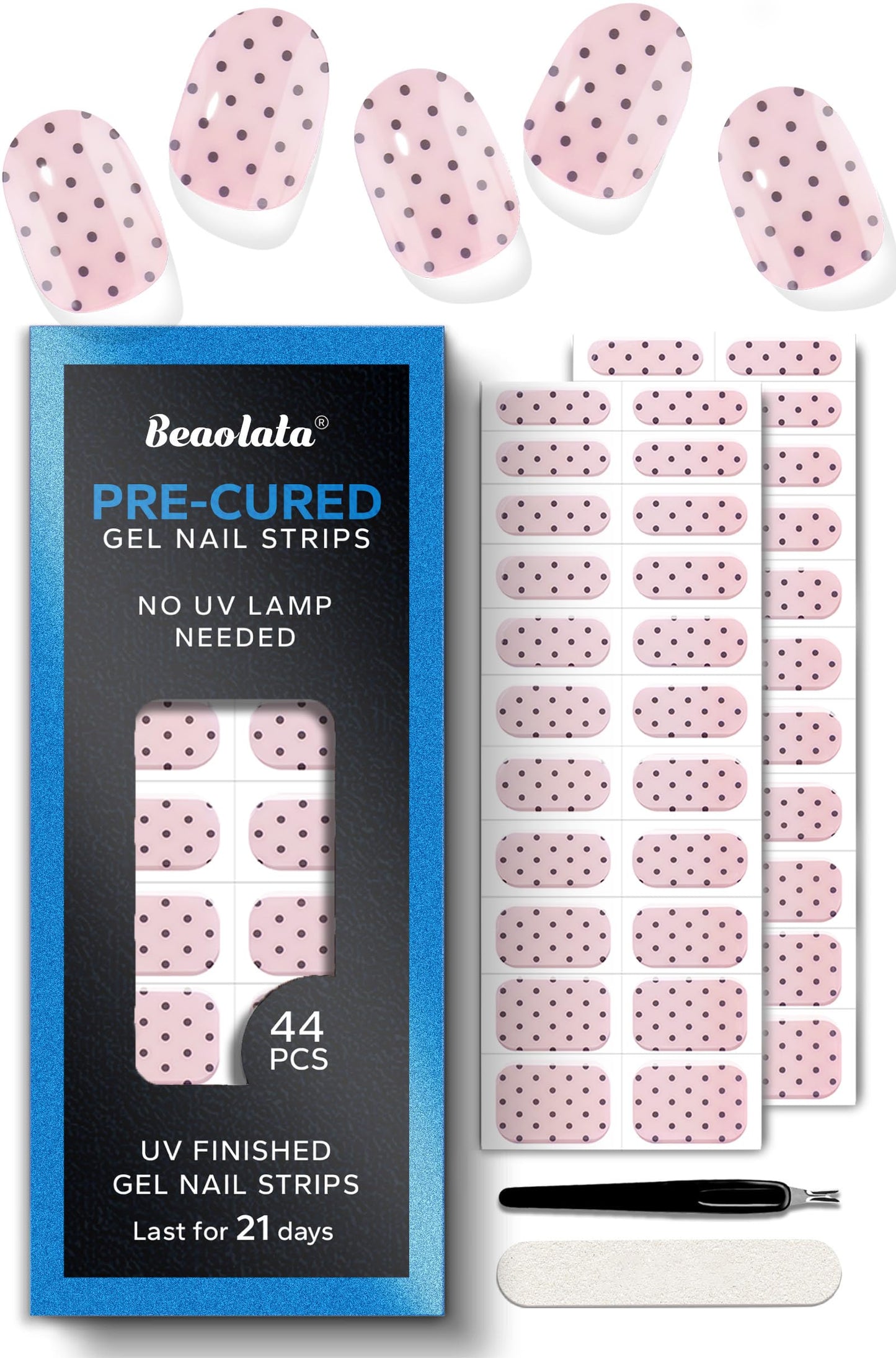 Beaolata Real Gel Nail Strips (No UV Light Needed) - 44Pcs Salon Quality Nail Stickers - Long Lasting Polish Wraps for Women, Easy Apply & Remove (Sparkle Fade Pink)