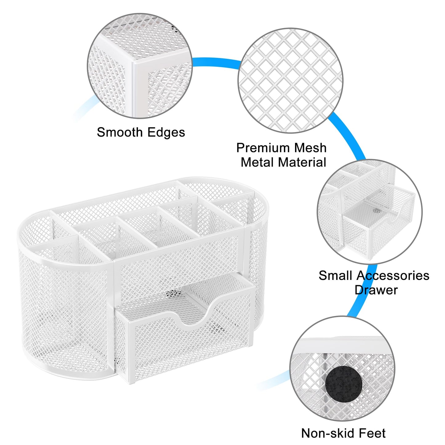 EasyPAG Mesh Pen Holder Desk Organizer with Drawer Stationery Supplies Organizer for Dorm School 9 Compartments Workspace Desk Accessories Organization for Office, White