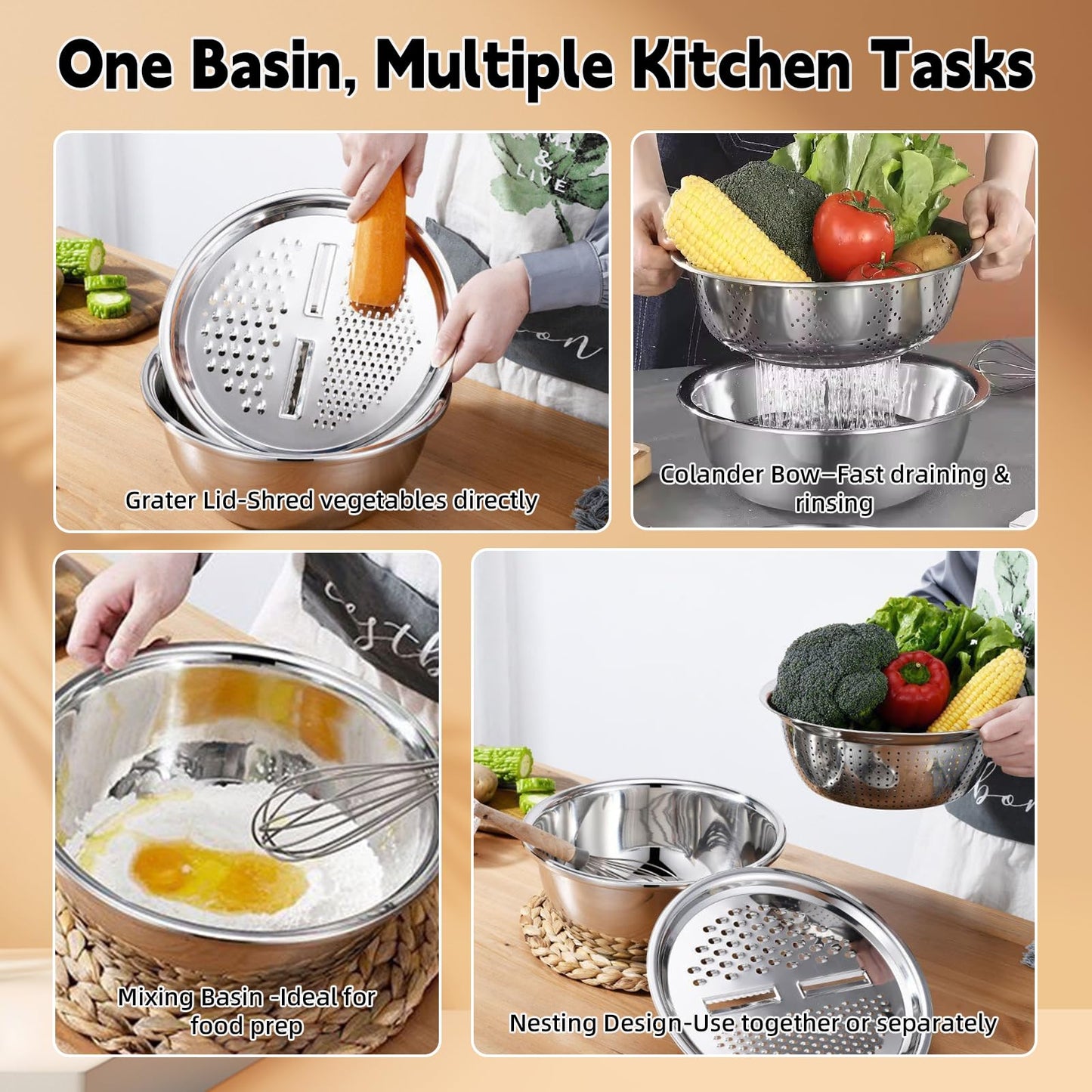 Germany Multifunctional Stainless Steel Basin - 2026 New 3-in-1 Grater Strainer and Drain Basket Set with Vegetable Slicer, 10.24 Inch for Kitchen Rinsing Draining Mixing