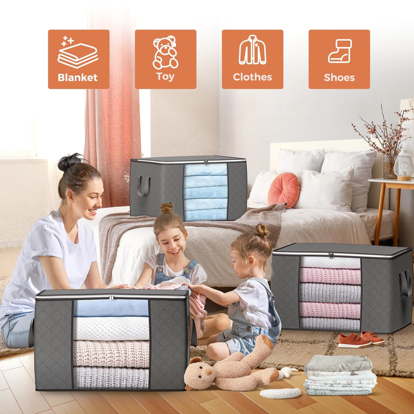 90 L Large Storage Bags, 6 Pack Clothes Storage Bins Foldable Closet Organizers Storage Containers with Reinforced Handle for Clothing, Blanket, Comforters, Bed Sheets, Pillows and Toys (Gray)