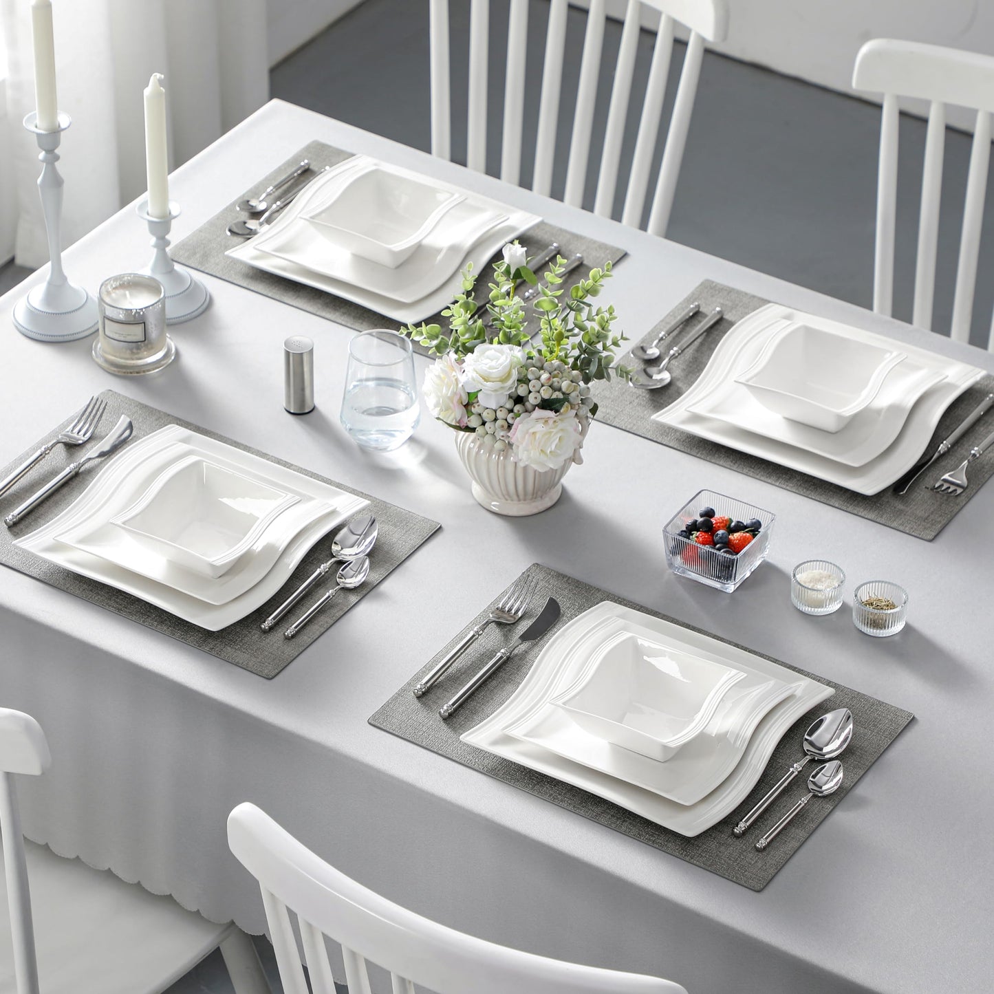 MALACASA Ivory White Dinnerware Set, 12 Pieces - Porcelain Dinner Plates, Dessert Plates and Bowls, Square Flora Pattern