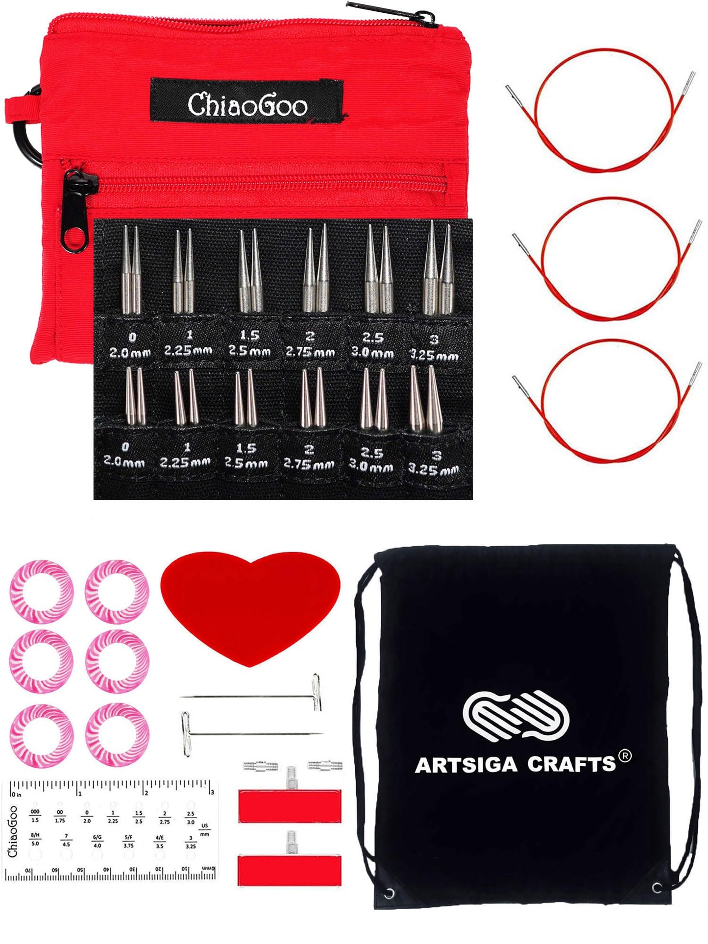 ChiaoGoo Twist Red Lace Shorties 2 & 3-Inch Small Red 7230-M Interchangeable Knitting Needle Set, 12-Pair Sizes US 0, 1, 1.5, 2, 2.5, 3, Stainless Steel, 3 Cords with 1 Project Bag