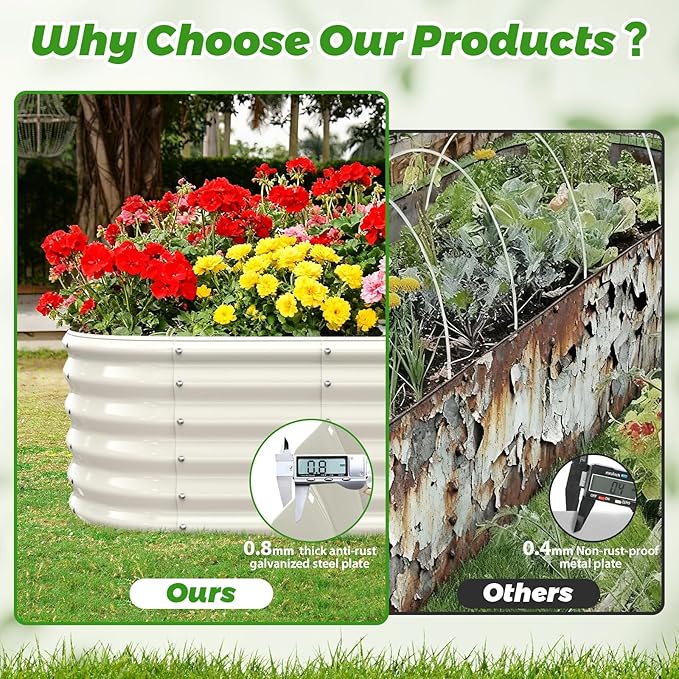 17" Tall Outdoor Garden Raised Garden Bed Kits, 5ft X 2ft Oval,0.8MM Thick Metal Raised Planter Bed/Ground Planter Box for Variety of Flowers,Herbs,Vegetables (Cream White, 60X24X16.5 Inches)