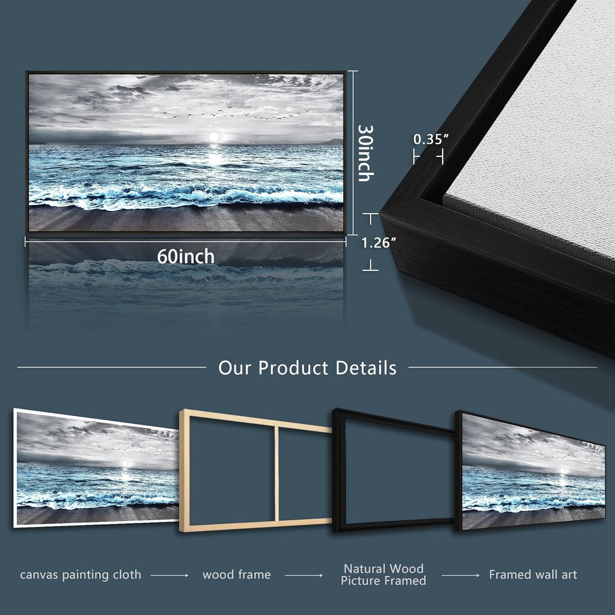 Wapluam Large Wall Art For Living Room Wall Decor For Bedroom Office Wall Decorations Black And White Wall Painting Blue Sea Wave Pictures Artwork For Modern Black Framed Beach Canvas Prints Poster