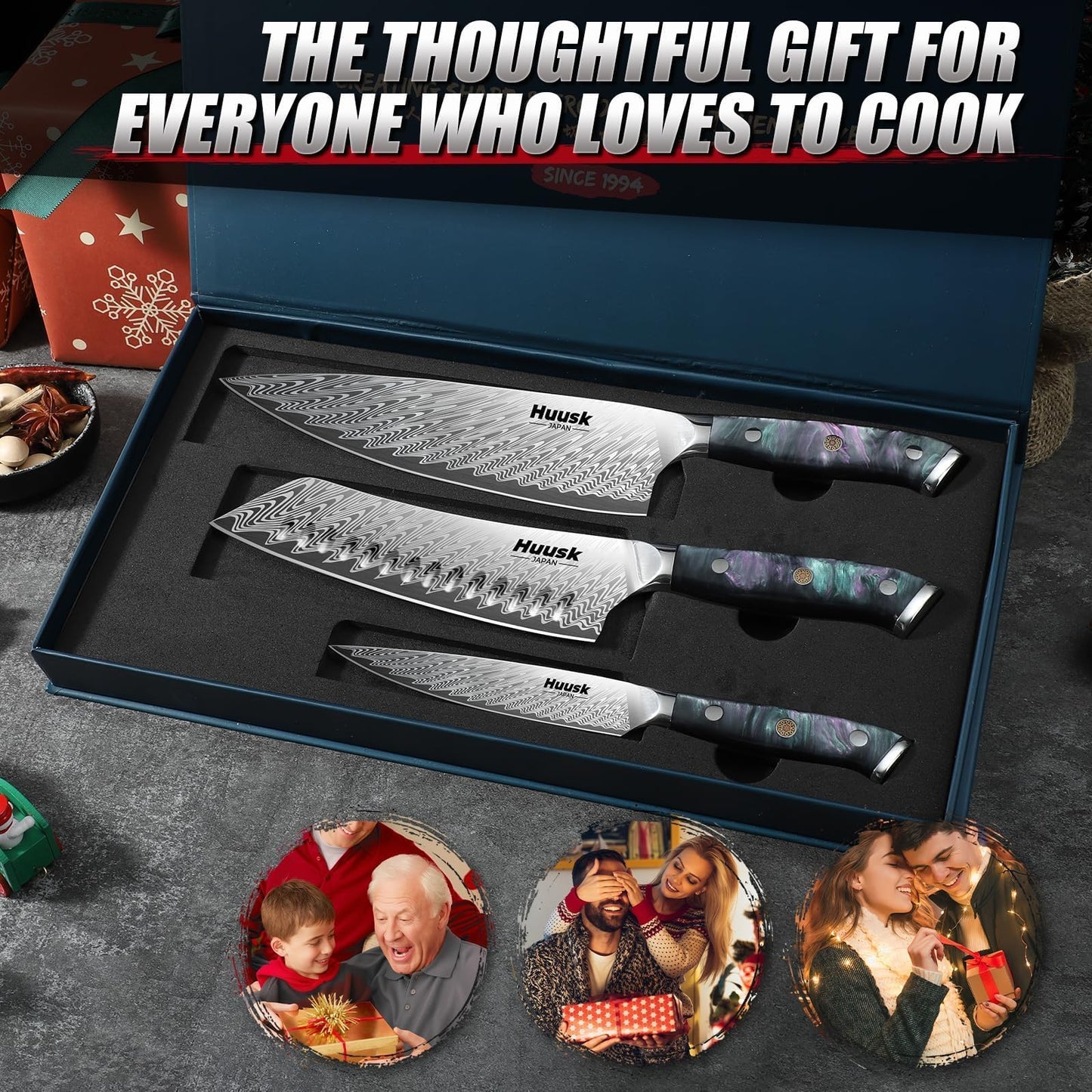 Huusk Japanese Knife Set 3 PCS - Stainless Chef Knife Set with Sheath & Ergonomic Resin Handle, Hand Sharpened Full Tang Professional Kitchen Knives for All Purpose, Gifts Idea for Men Women