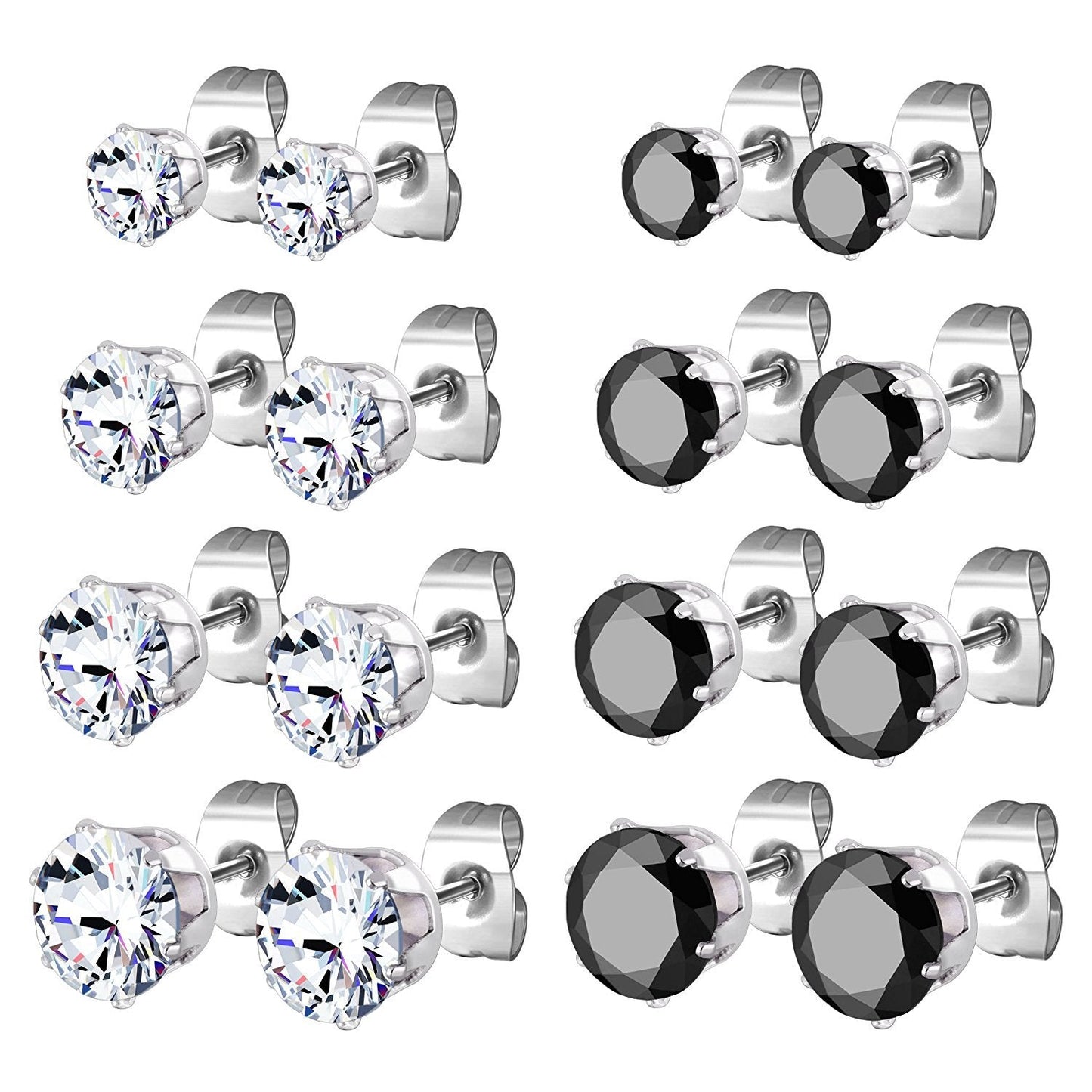 JewelrieShop Earrings for Women Studs Set Stainless Steel CZ Earing Hypoallergenic Multiple Piercing Ear Stud (8 pairs,4-8mm,White,Black CZ)