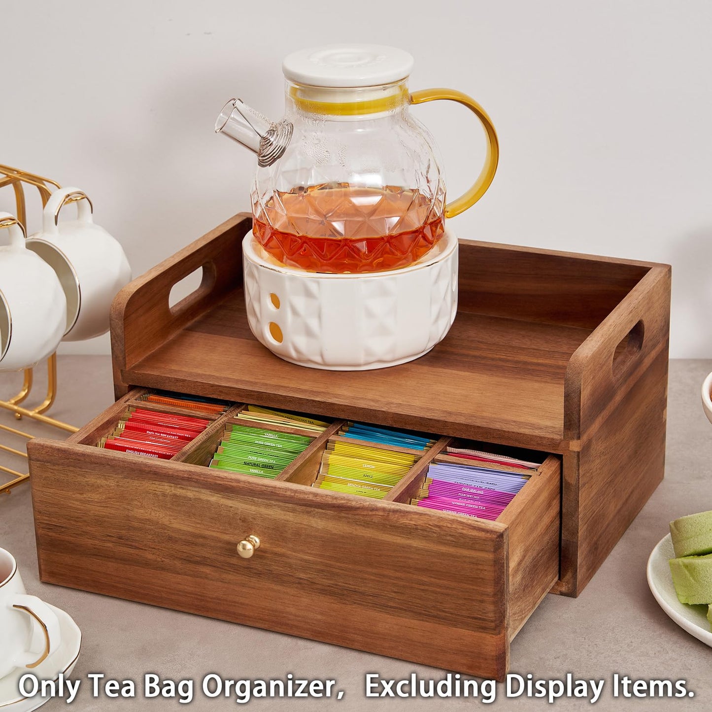 TREELF Acacia Wood Tea Bag Organizer with Drawer - Tea Station Chest and Storage Box, Coffee and Teabag Holder with 8 Compartments, Containers and Boxes for Countertop Display