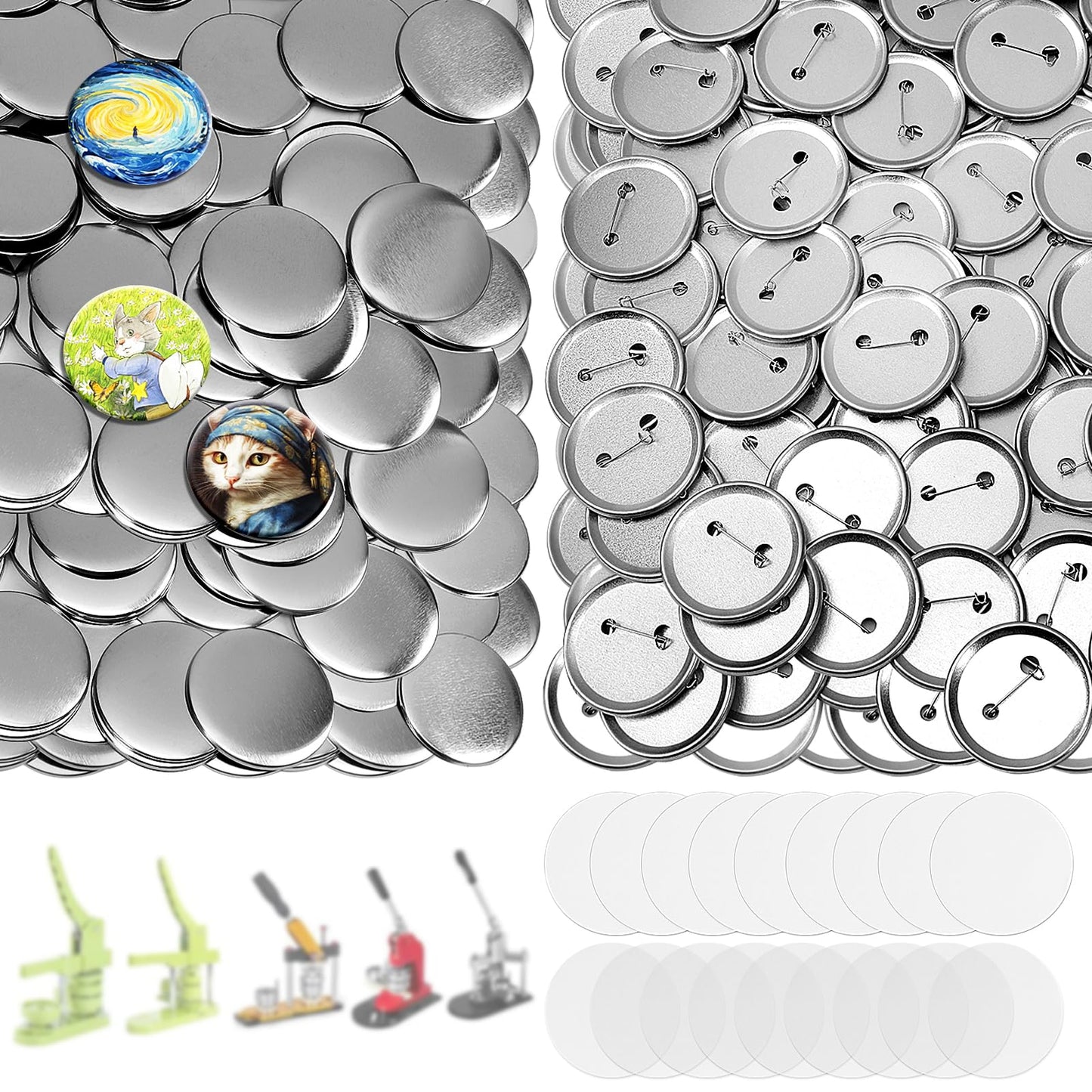 200 Sets 2.25 Inch Button Maker Supplies, 58mm Round Badge Parts with Metal Covers, Plastic Pin Backs, Clear Film & Blank Paper, Perfect for Button Maker Machine & Badge Press