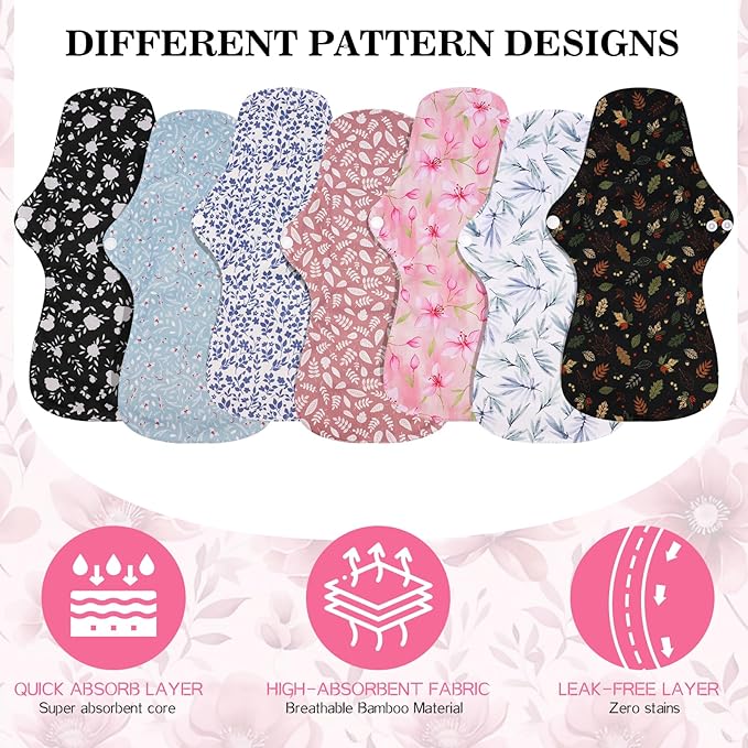 PHOGARY 7 Pack Reusable Menstrual Pads Large Sanitary Pads Set for Heavy Flow with 1 Wet Bag, Washable Overnight Cloth Panty Liners with Wings for Women, 33cm