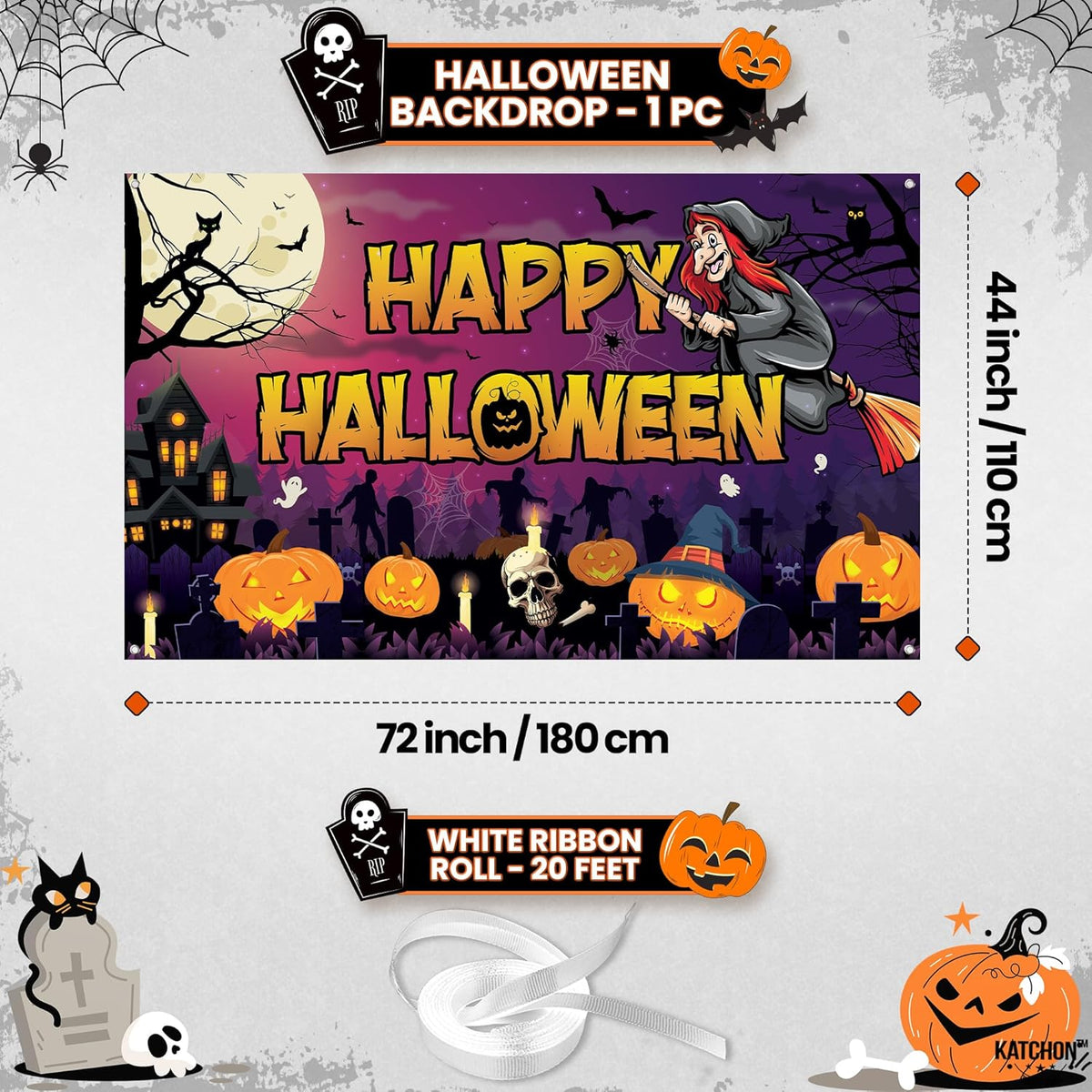 KatchOn Spooky Happy Halloween Banner - XtraLarge, 72x44 Inch | Pumpkin Halloween Backdrop for Purple & Orange Decorations | Witch Backdrop for Party Decorations