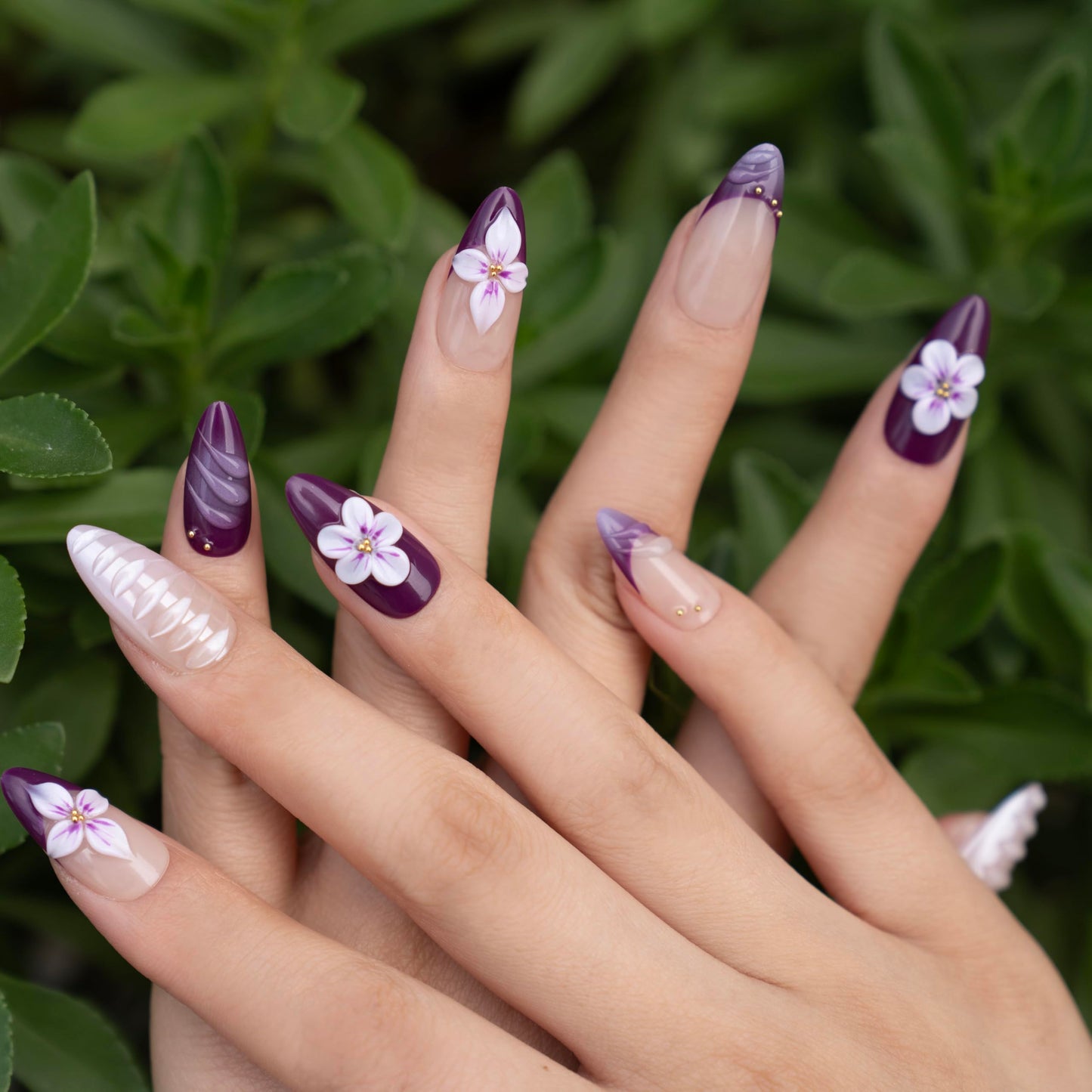 Almond Purple French Press on Nails, Fake Nails with 3D Flower and Shell Texture, Reusable Handmade Elegant False Nails for Women (L)