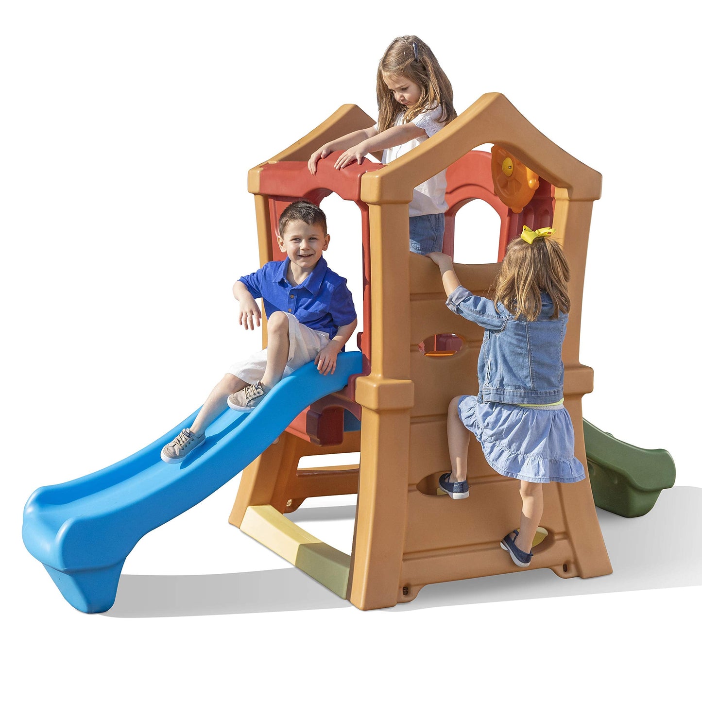 Step2 Play Up Double Slide Climber, Kids Outdoor Playset, Backyard Playground Set, 2 Slides, Elevated Playhouse, Outside Jungle Gym, For Toddlers 2-6 Years Old