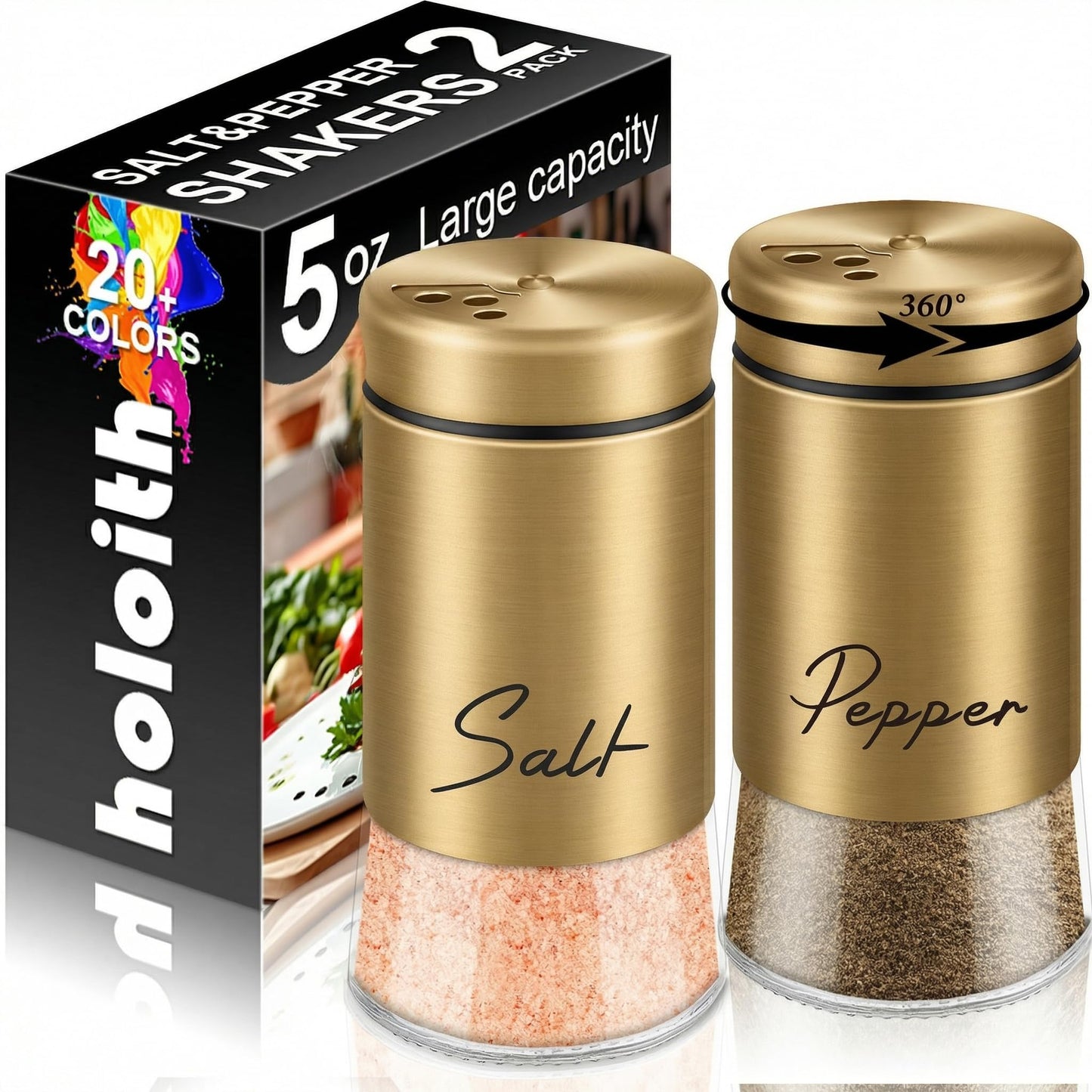 Gold Salt and Pepper Shakers Set, 5 oz Modern Farmhouse Kitchen Decor and Accessories for Restaurant, Wedding, Housewarming Gifts Refillable Design (Gold)