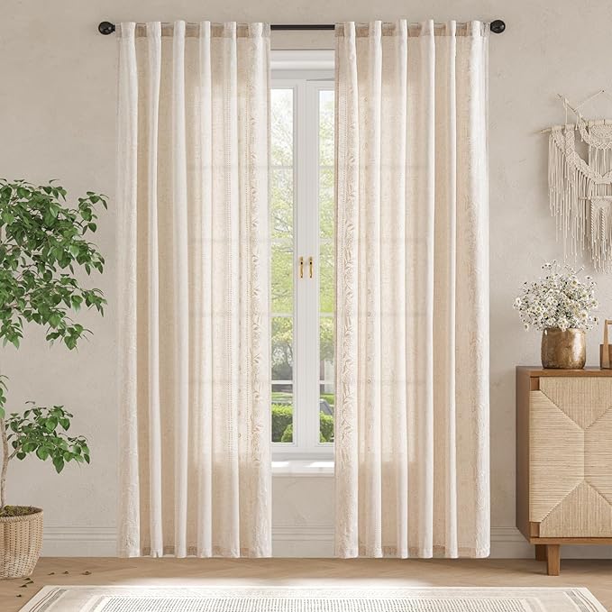 jinchan Winslow Linen Curtains for Bedroom 84 Inches Length Embroidered Bordered Floral Curtains for Living Room Farmhouse Decor Light Filtering Window Treatments Ivory on Beige Drapes 2 Panels
