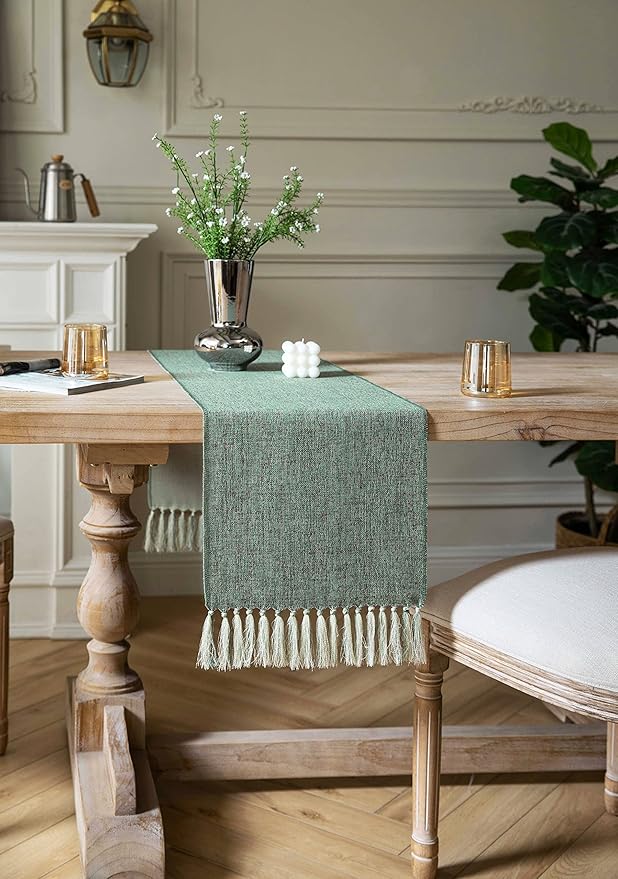 ZeeMart Green Table Runners 36 Inches Long, Burlap Linen Style Rustic Farmhouse Table Runner, Small Short Boho Coffee Table Runner, 13x36 Inches, Mineral Green