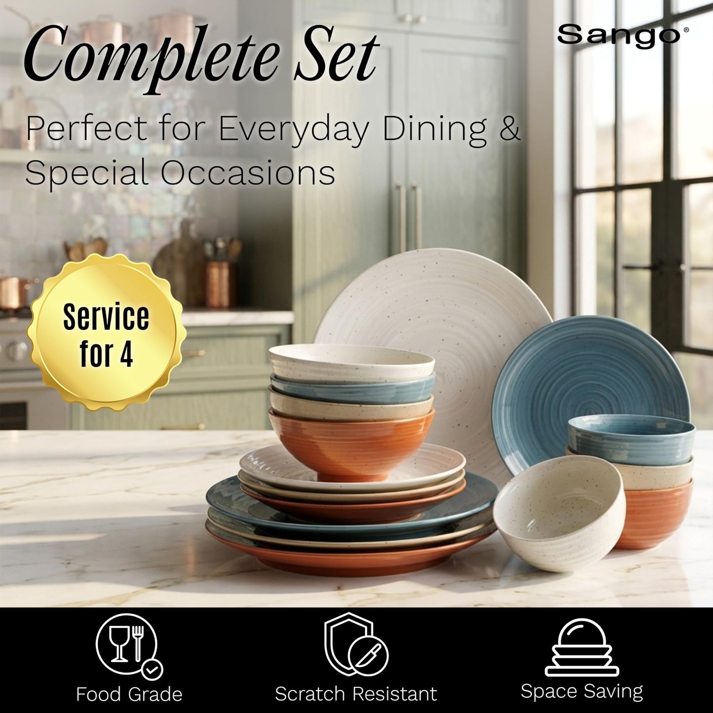 Sango Siterra Painter's Palette 16-Piece Stoneware Dinnerware Set - Service for 4, Ceramic Plates and Bowls Sets, Chip Resistant, Rustic Dishware, Microwave & Dishwasher Safe Kitchen Dishes