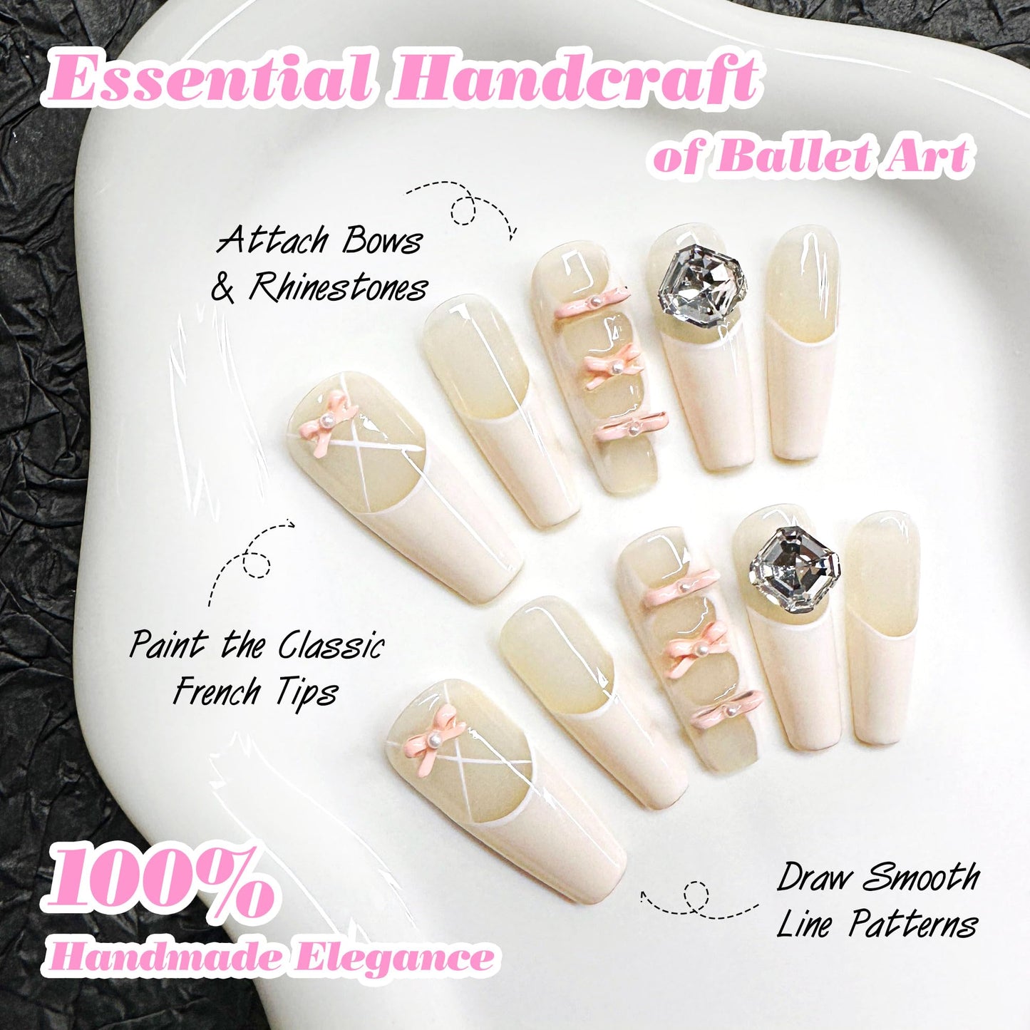 CALAILIS Handmade Press On Nails - Coffin Fake Nails Design By Nail Technician, Reusable 3D Painted Nail Art (Ballet Art, M)