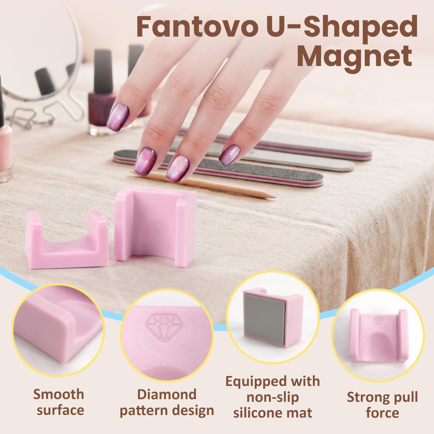 FANTOVO Nail Magnet for Cat Eye Velvet Nails, U-Shaped Magnet for Nails, Magnetic Nail Polish Tool for Cat Eye Velvet Effect, N48 Strong Pull Force, 2 Packs, Pink (NOT 3D-Printed)