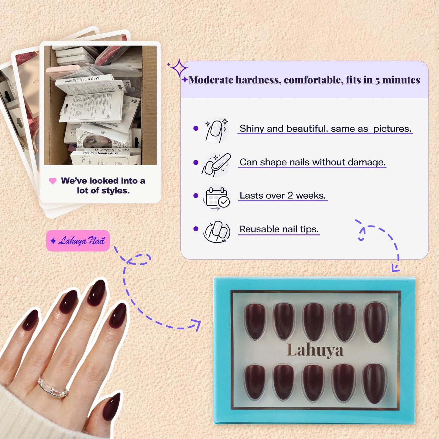 LAHUYA Press On Nails – Cocoa Bordeaux | Nail Artist Designed Short Almond Fake Nails with Dark Cocoa Red Glossy Finish, 15 Sizes – 30 Nails Kit with Glue
