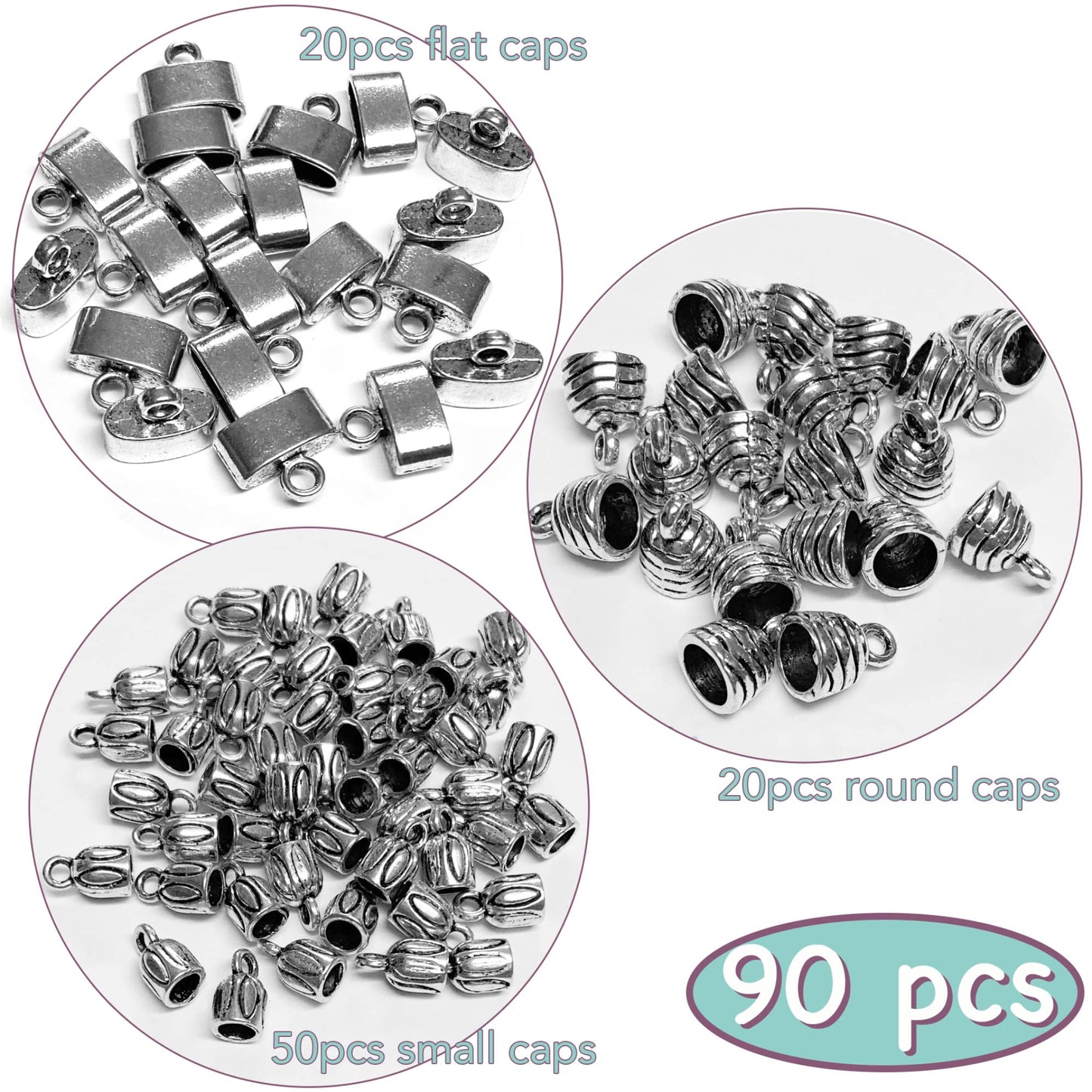 Silver Cord End Cap 90 Pcs Kumihimo Kit Flat Leather Cord End Caps Round Tassel End Caps Barrel End Caps Bracelet Making Supplies Leather Bracelet Making Kit by Heather's cf