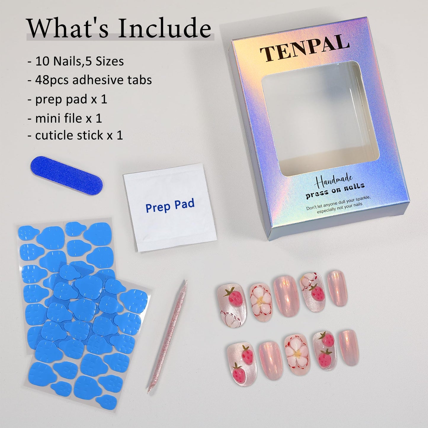 TENPAL Press on Nails 10Pcs with Tools Kit,3D Strawberry Spring Summer Pink Aurora Fake Nails,Cute Floral Almond Short Nails,Full Cover False Nails Simple Blush Glue on Nails Sweet Summer Nails(M)