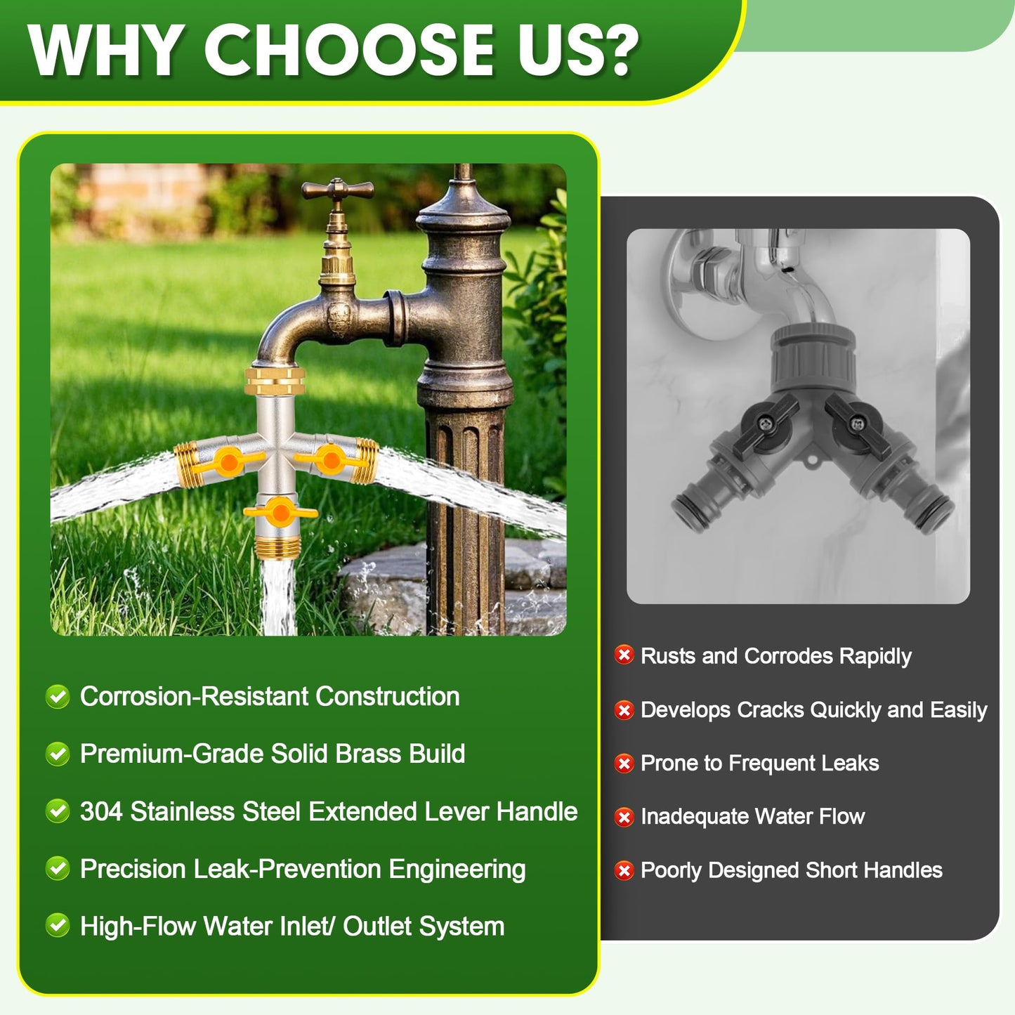 DINGBAI Hose Splitter 3 Way, High Flow Garden Hose Splitter, 3/4” Ght Inlet Brass Heavy Duty Hose Converter, water 3 Way Faucet hose splitter, Long Handle Hose Valve Large Outlet.