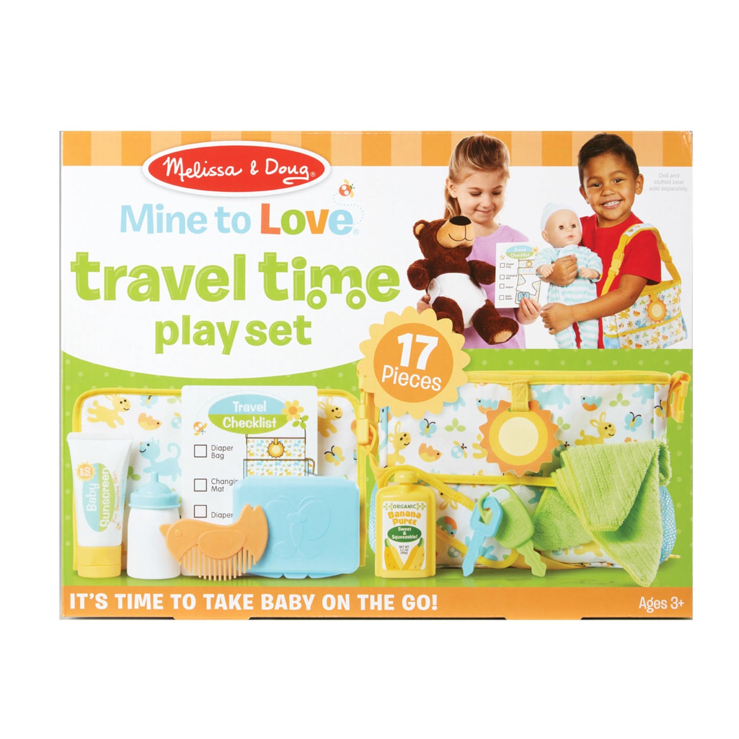 Melissa & Doug Mine to Love Travel Time Play Set for Dolls with Diaper Bag, Bottle, Sunscreen, More (17 pcs) - Baby Doll Accessories, Baby Doll Sets For Kids Ages 3+