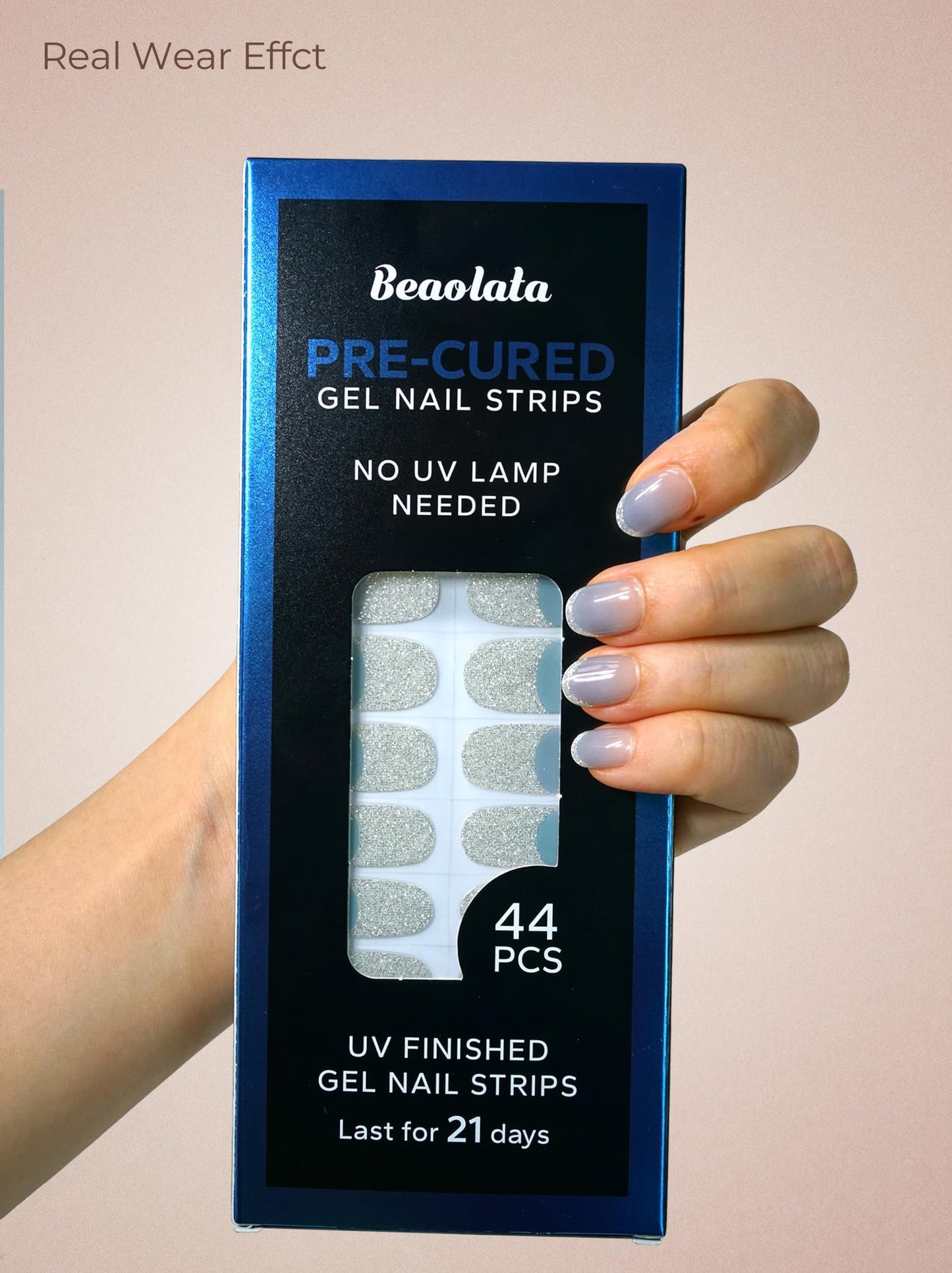 Beaolata Real Gel Nail Strips (No UV Light Needed) - 44Pcs Salon Quality Nail Stickers - Long Lasting Polish Wraps for Women, Easy Apply & Remove (Dreamy Blue）