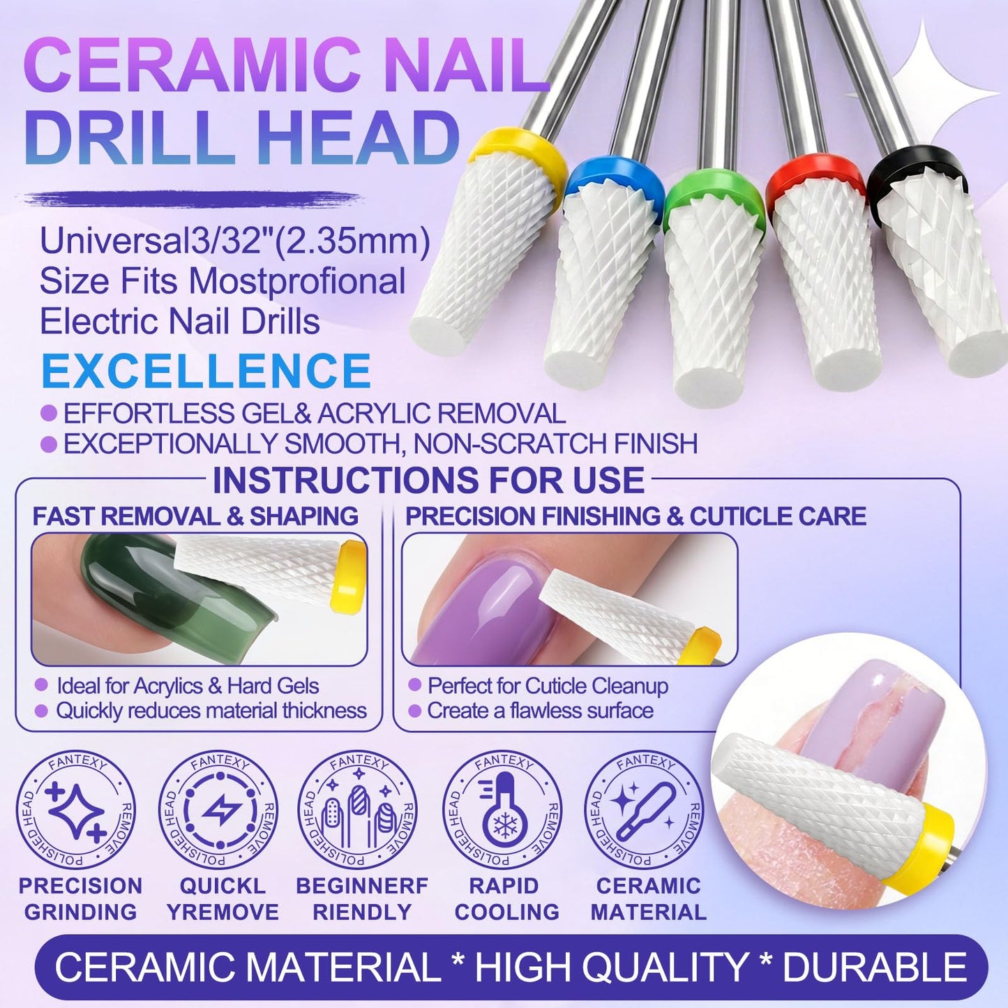 Fantexy Ceramic Nail Drill Bit - 3/32'' Conical Flat Head Bit for Cuticle Clean & Dead Skin Removal, Professional Nail Tool for Nail Art,Manicure,Pedicure,Gel,Cuticle Clean(Extra Fine - XF)