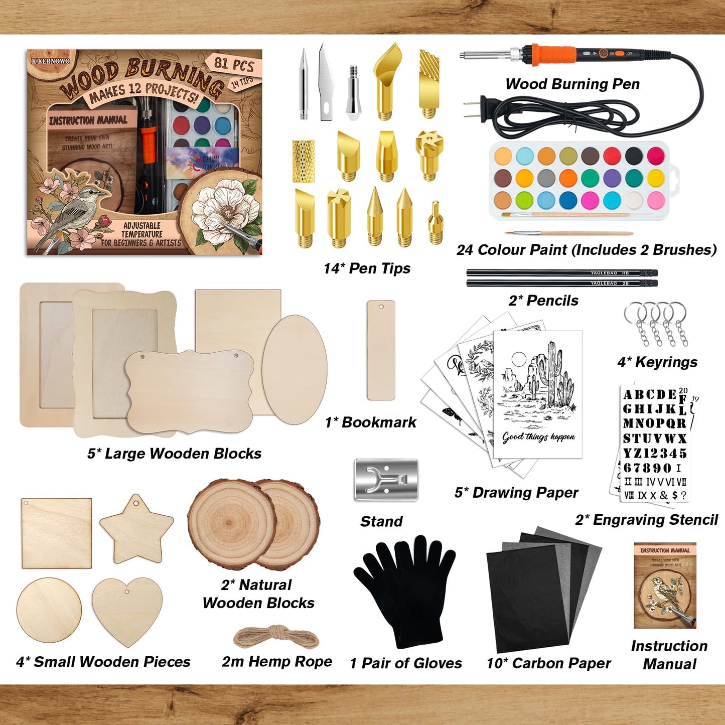 K KERNOWO Wood Burning Kit - 81Pcs All-in-One Wood Burning Tool Pen Adjustable Temperature Wood Burner Kit Crafts Gifts for Adults & Teens, Woodburning Kits for Beginner Pyrography