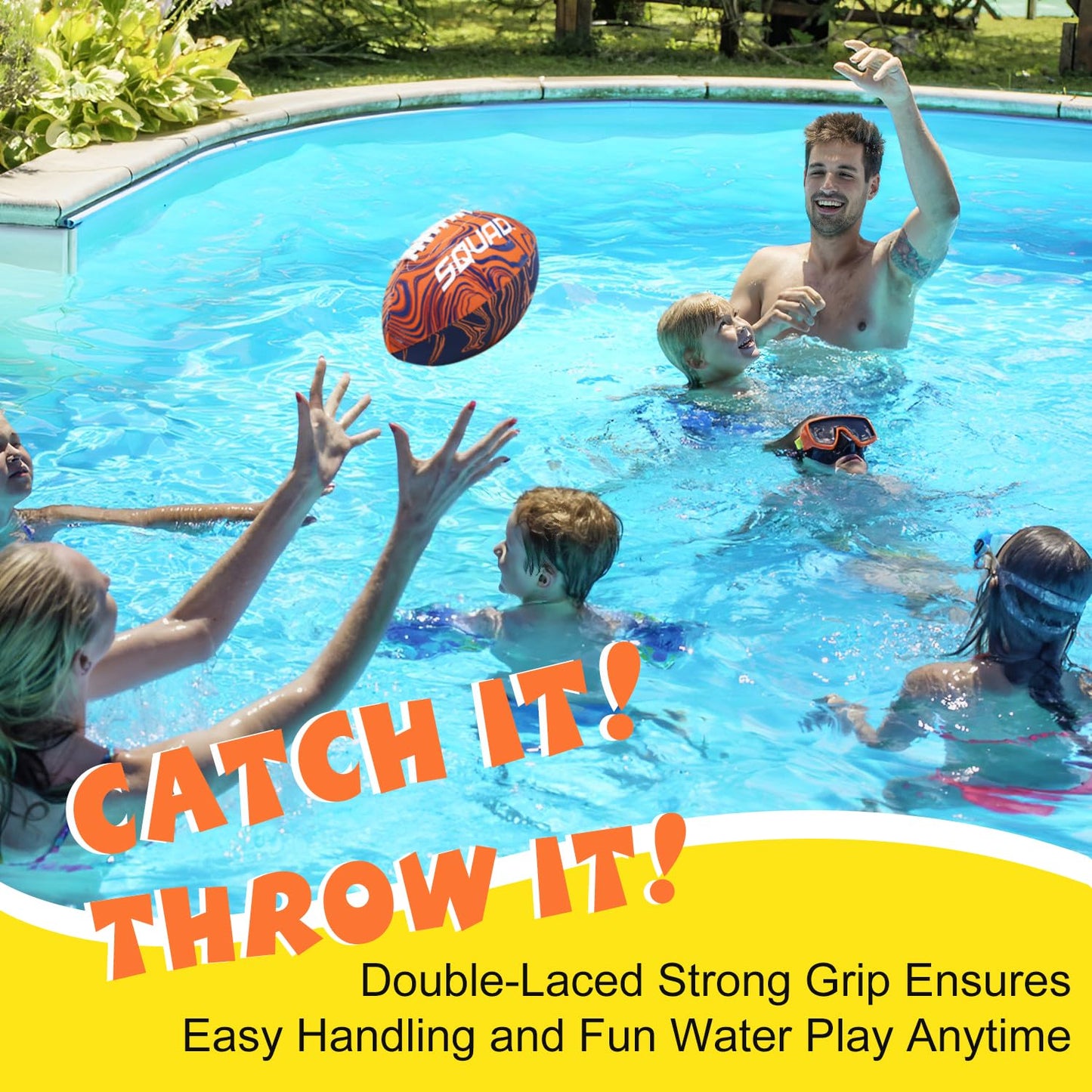 SQUAD Waterproof Football for Pool & Beach, Durable Fun Water Game Toy for Family, Teens, Adults - Strong Grip Pattern, Ideal Gift for Boys & Girls 8-15+ Year Old