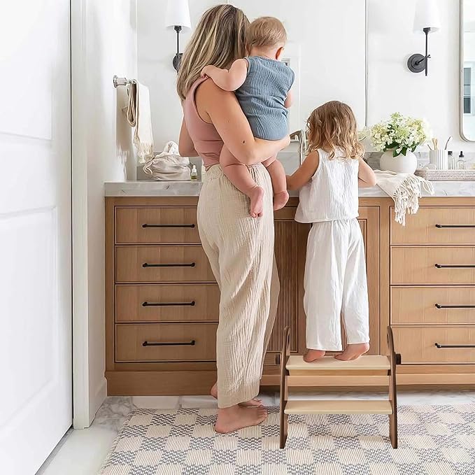 Wooden 2 Step Stool for Kids Bathroom Sink Foldable Anti-Slip 2-Step for Toilet Potty Training, Child Stepping Stool for Kitchen Nursery Bedroom, Sturdy Non Slip Adult Stool for Closet Brown