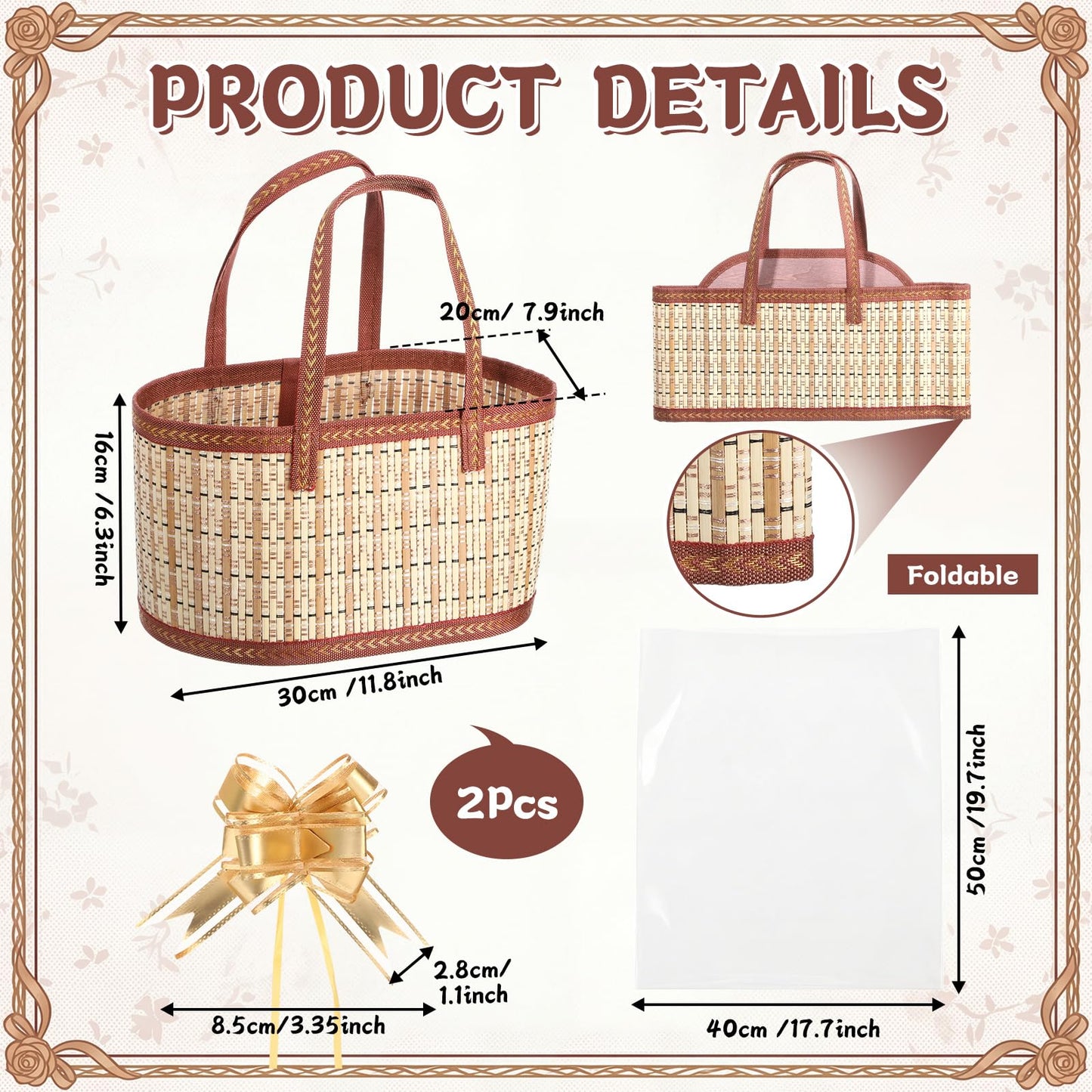 Reallnaive 2 Set Gift Basket Empty Woven Bamboo Storage Baskets with Clear Gift Bags Pull Bows Ribbon Foldable DIY Gifts Basket Kit with Handle for Baby Shower Housewarming