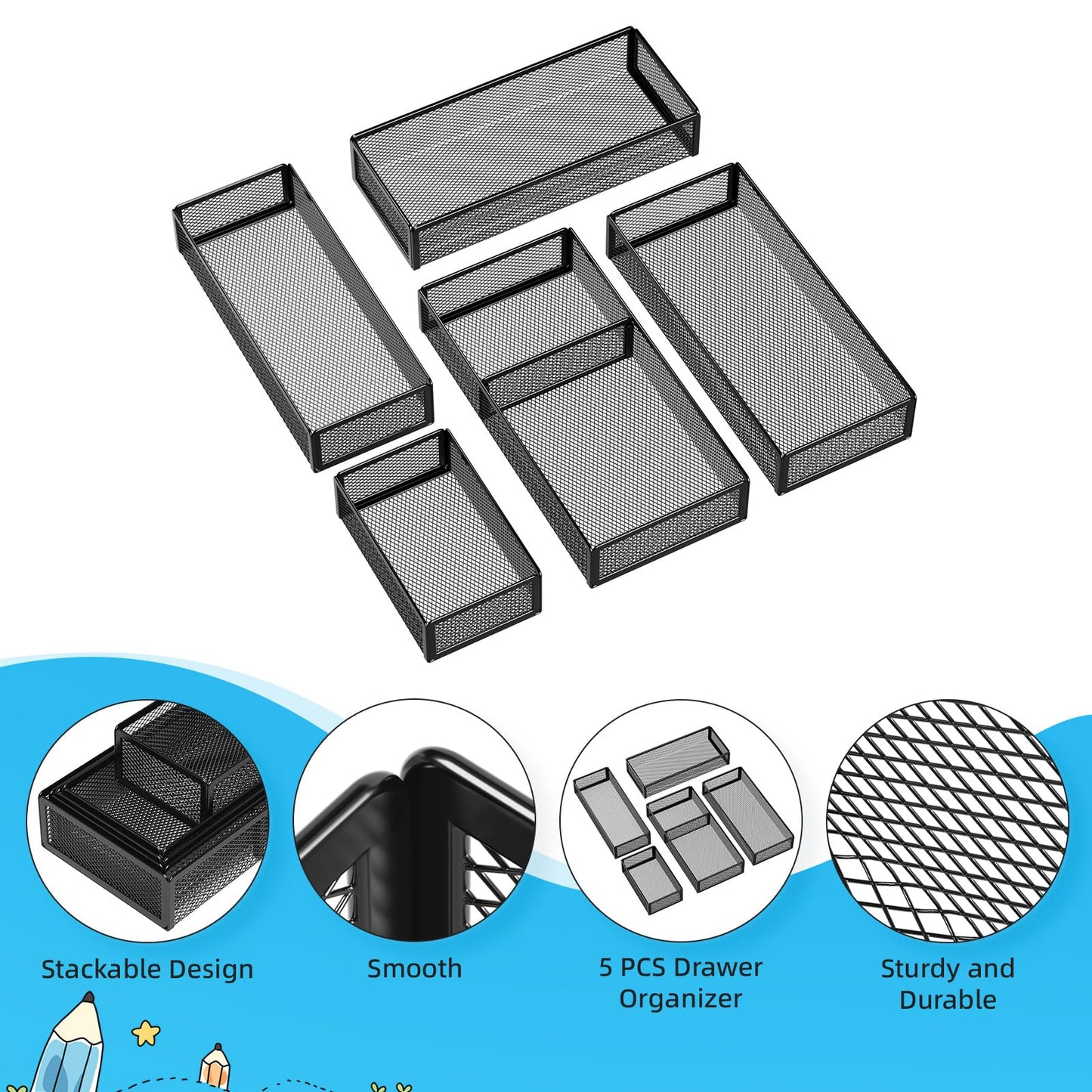 Marbrasse 5 Pack Desk Drawer Organizer Set, Mesh Drawer Storage Trays with 1 Adjustable Divider, Desk Organizers and Accessories, 5 PCS Drawer for Office Supplies, Makeup & Vanity (Black)