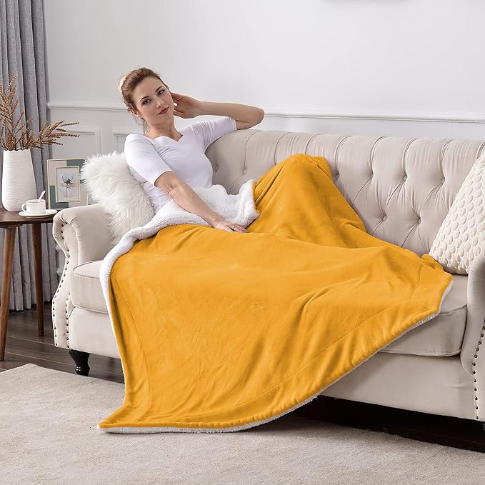 SOCHOW Sherpa Fleece Throw Blanket, Double-Sided Super Soft Luxurious Plush Blanket Throw Size, Mustard Yellow, 50x60 inches