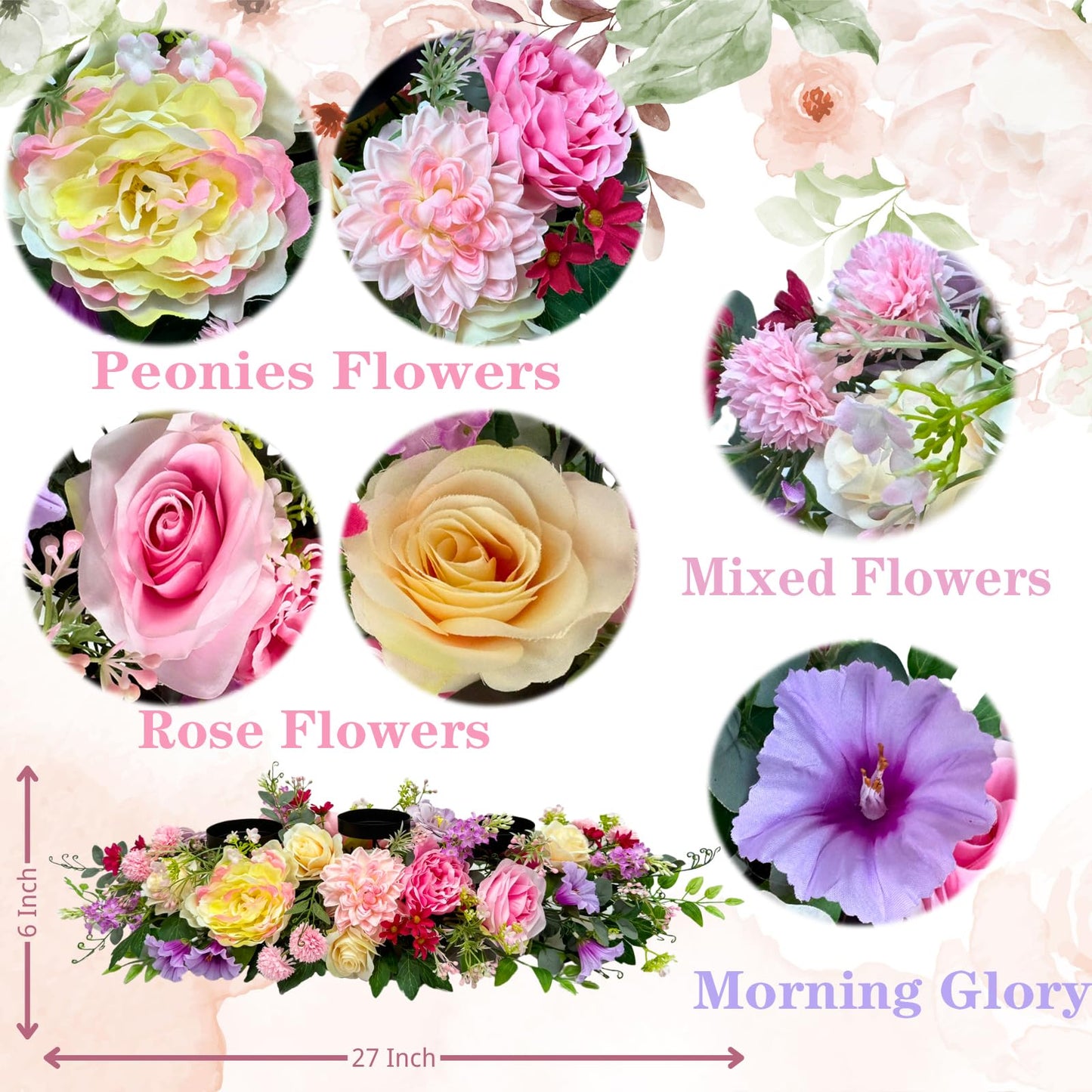 Svndlyn Candle Holder Centerpiece for Table Artificial Peonies Flowers,Rose Flowers and Morning Glory for Wedding Party Table Centerpieces Mixed Flowers Floral Arrangement Home Kitchen Decor