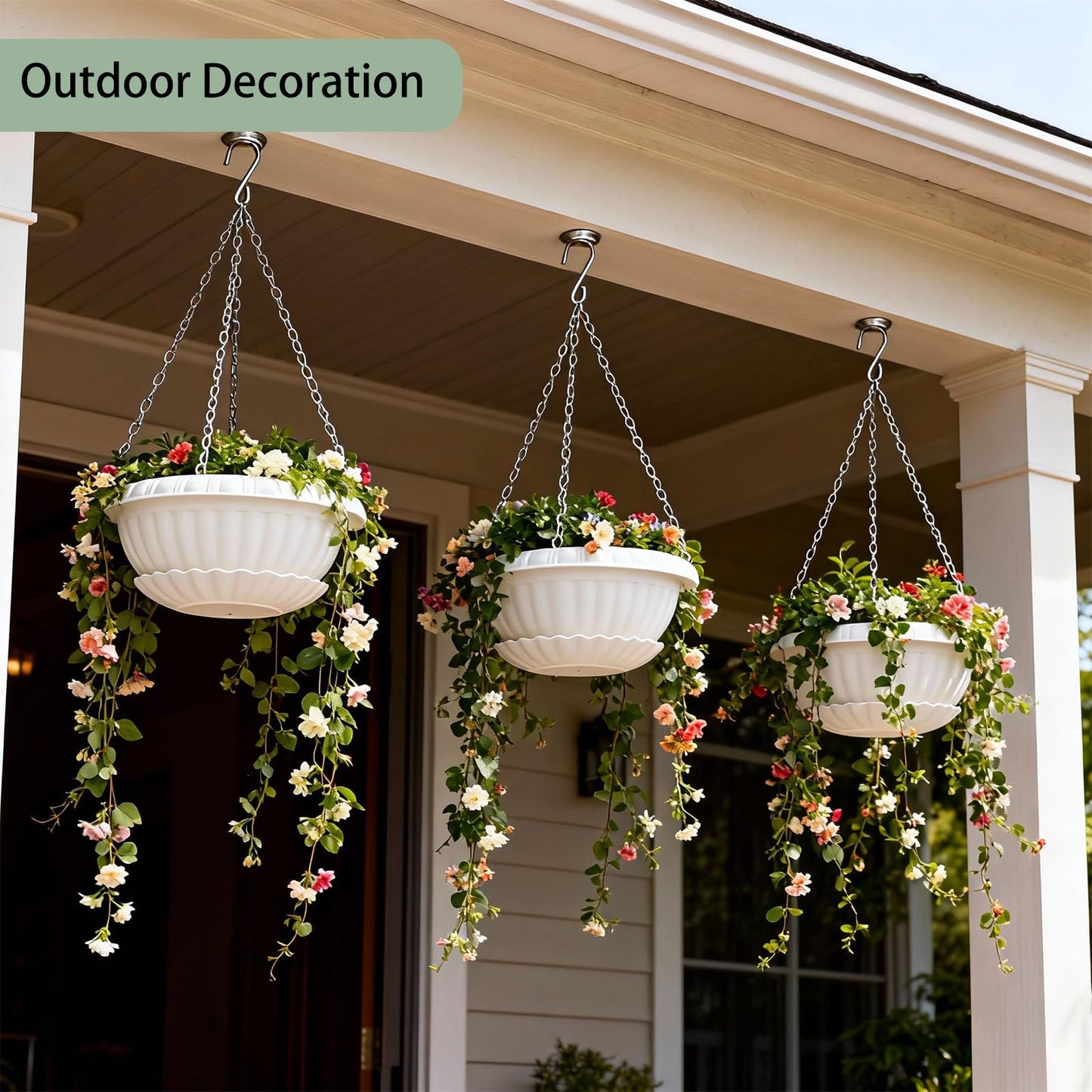 summer flower 3 Pack Large Hanging Planters 12.59in Plastic Plant Pots with Drainage Holes & Trays for Indoor Outdoor Garden Wall Window Decor (White)