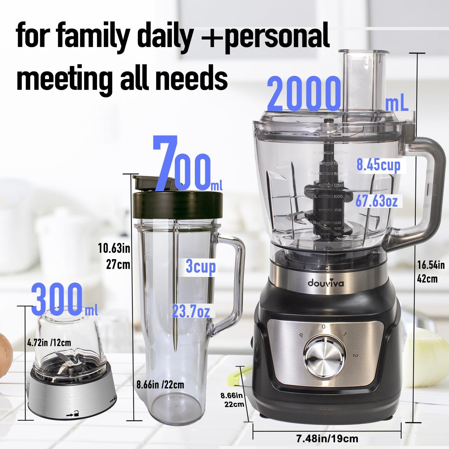 All In One Food Processor Blender Bombo 1000W,8 Cup Food Processor,24oz To-Go Lid Cup, for Smoothies/Shakes/Mixing/Shredding/Slicing/Chopping/Dough/Grinder, Black
