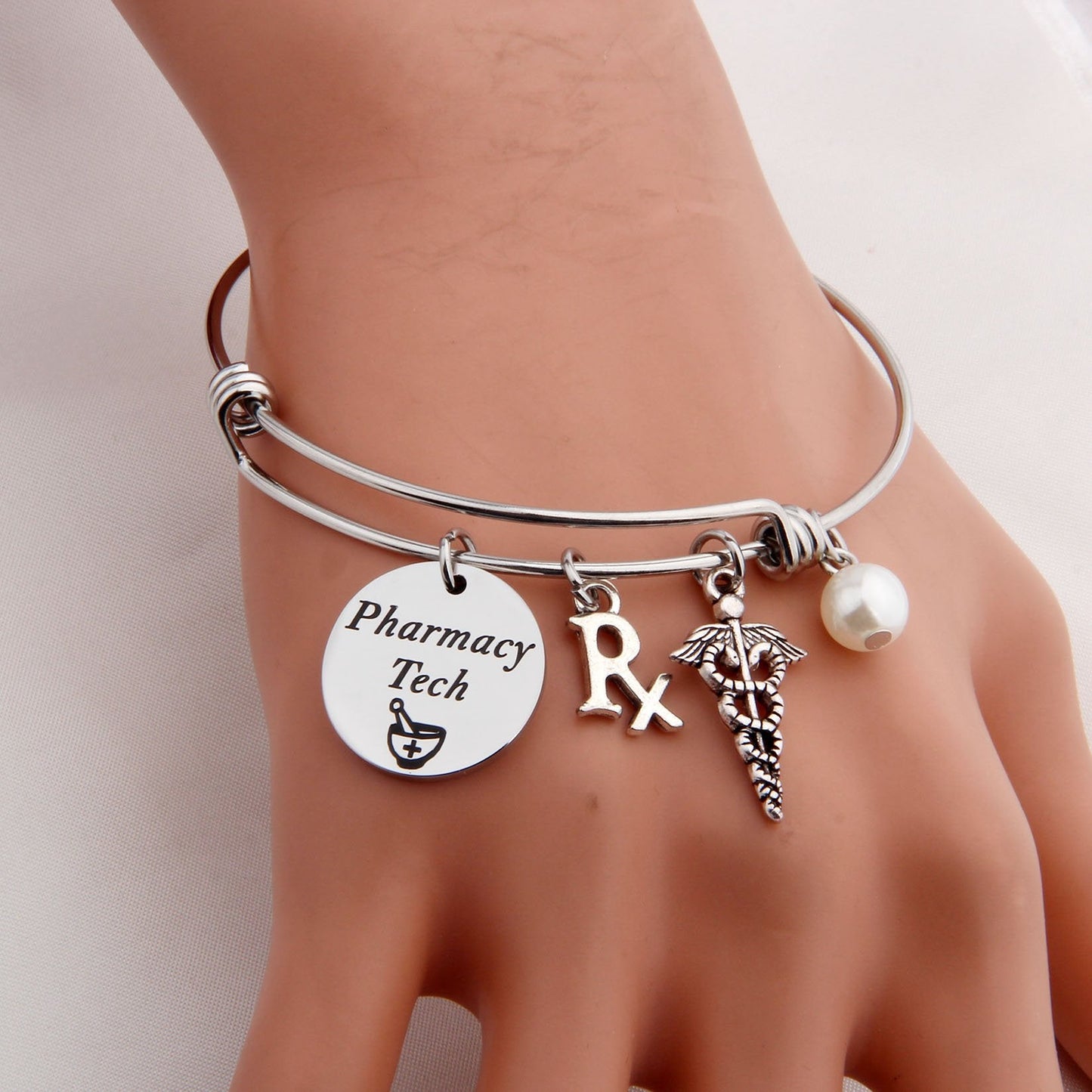 LQRI QIIER Pharmacy Tech Gift Pharmacy Technician Bracelet Expandable Wire Bangle RX Jewelry Gift for Pharmacist (Silver)