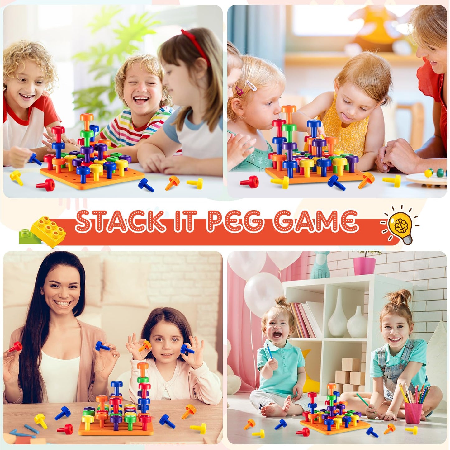 Shappy Toddler Peg Board Kids Montessori Colorful Stackable Toys 120 Pcs Pegs with 4 Foam Board 4 Sets Learning Educational Toy for Preschool Color Recognition Counting Skill with Lacing String Bag